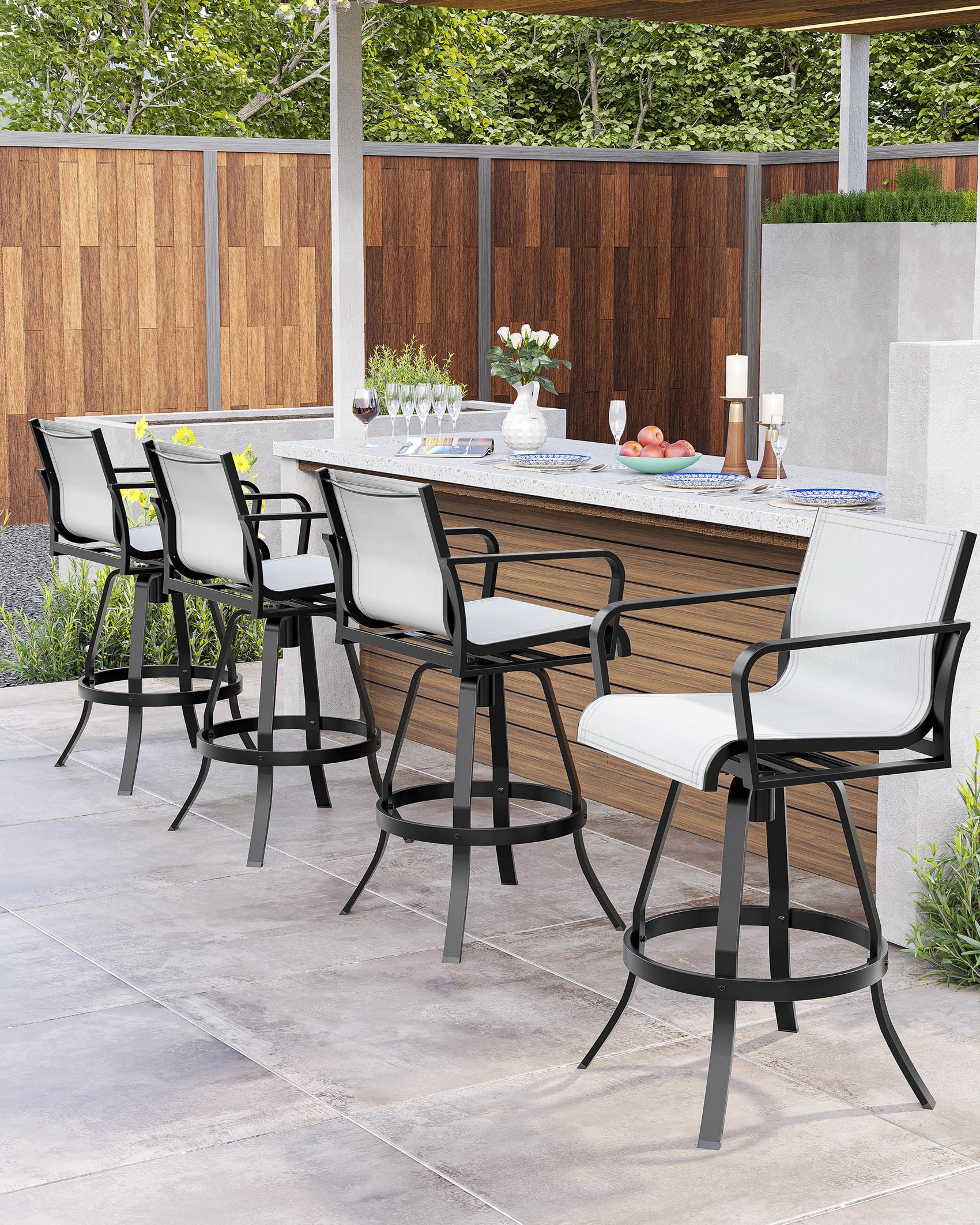 Pellebant Swivel Bar Stools Set of 4 - Indoor/Outdoor Bar Height Chairs with Sunbrella Fabric & Aluminum Frame - All-Weather Patio Furniture for Poolside, Garden, Backyard - Perfect for Outdoor Dining, Entertaining & Relaxation