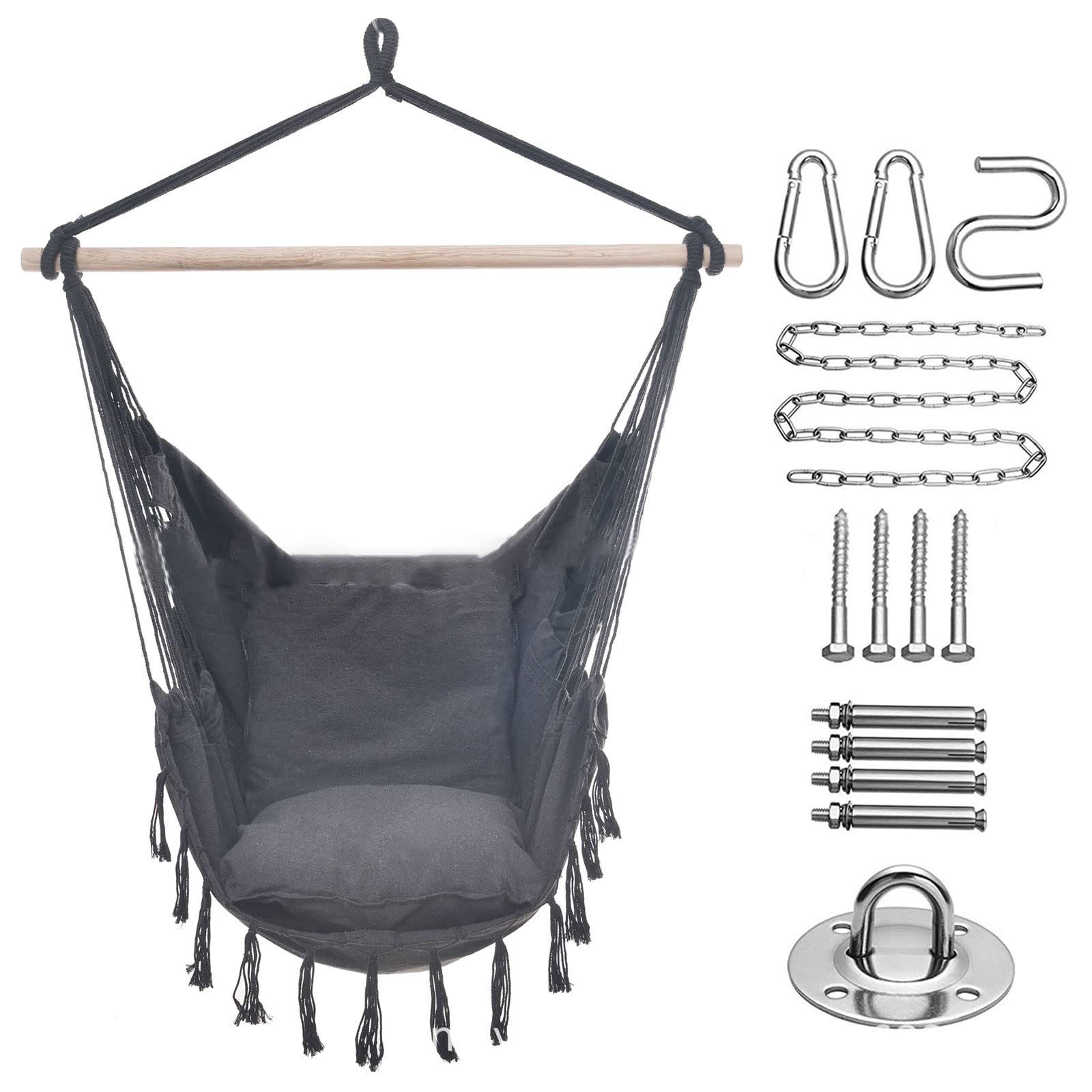 Comfortable Hammock Chair Swing with 2 Cushions & Storage Bag - Indoor/Outdoor Hanging Rope Weave Seat for Patio, Garden, Balcony (Black) - Perfect for Relaxation & Reading