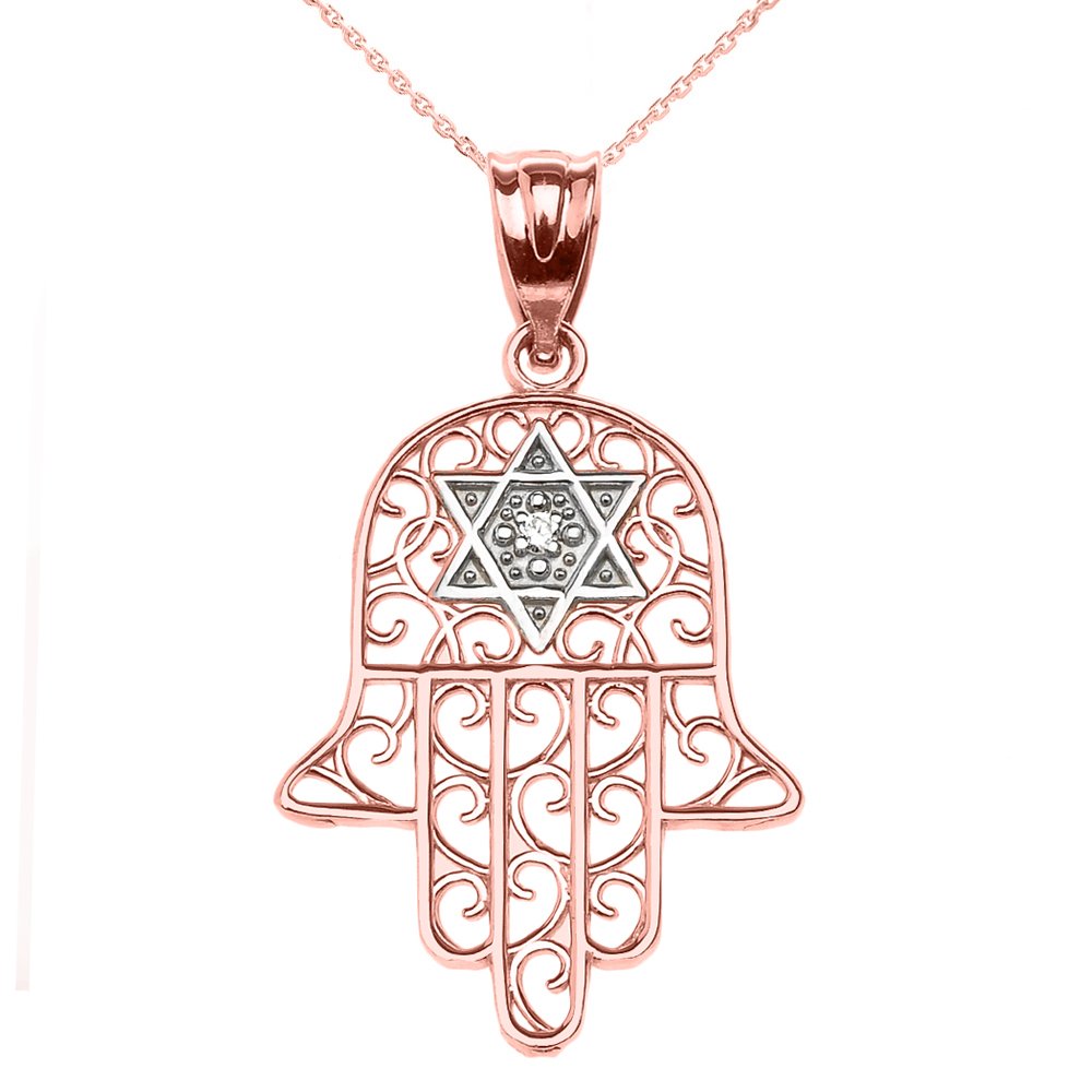 10K Rose Gold Hamsa Hand Pendant Necklace with Star of David Diamond Center - Elegant Jewelry for Women, Perfect for Gifts, Weddings & Everyday Wear