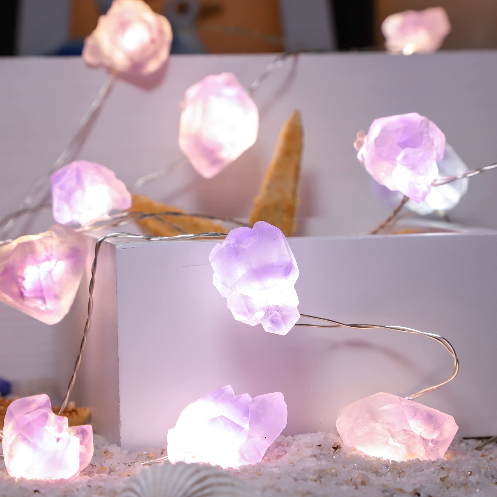 Natural Amethyst Raw Fluorite Crystal String Lights - 10ft 30 LED Battery Operated Fairy Lights with Remote & Timer for Home Decor, Wedding, Party, Christmas (Bedroom, Garden, Patio, DIY Projects)