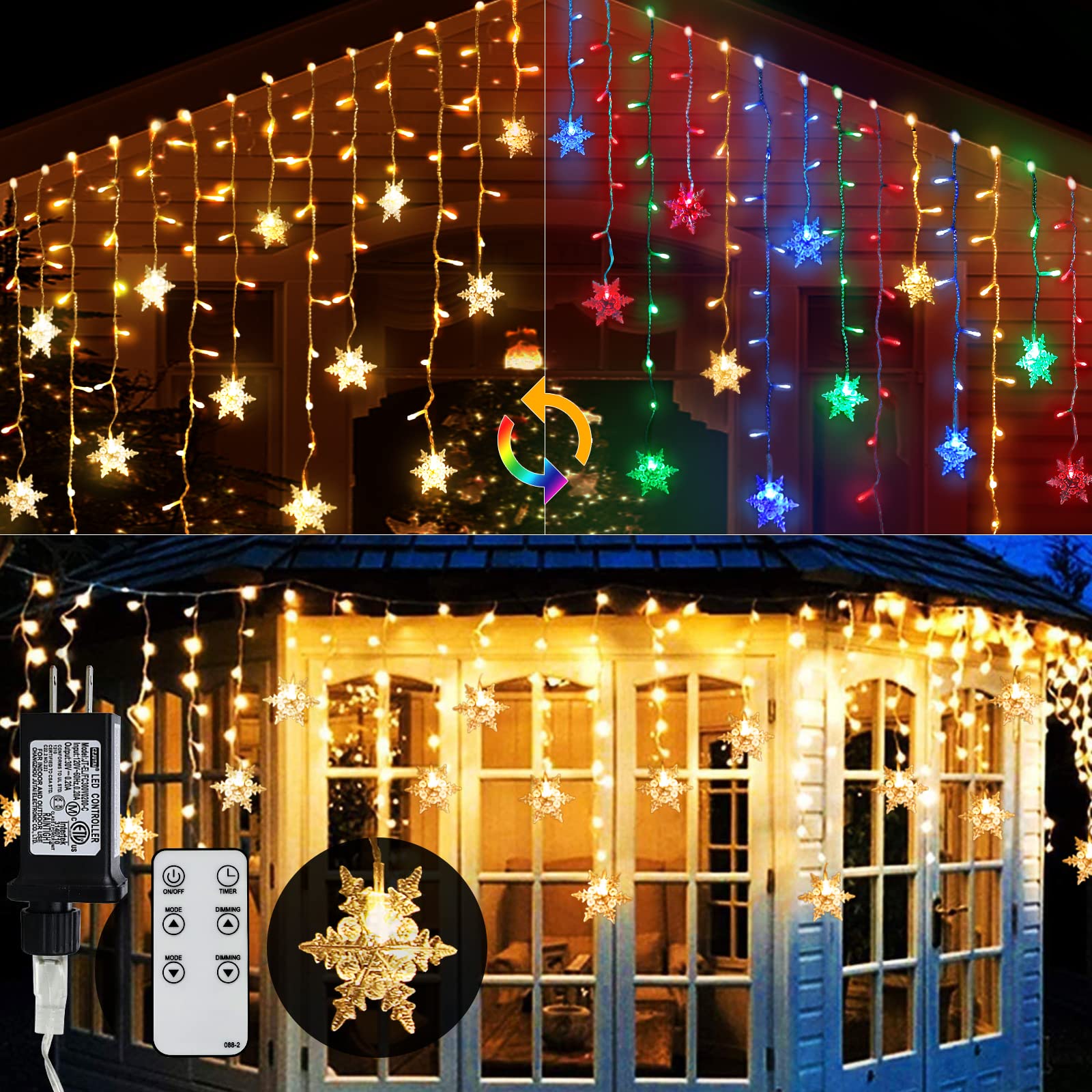 Christmas Snowflake Icicle Lights - 40ft Connectable Outdoor LED String Lights with 360 Multicolor/Warm White LEDs, 20 Color Changing Modes & RF Remote Control - Waterproof for House, Curtain, Eaves, Roof, Garden, Xmas Tree & Holiday Decorations
