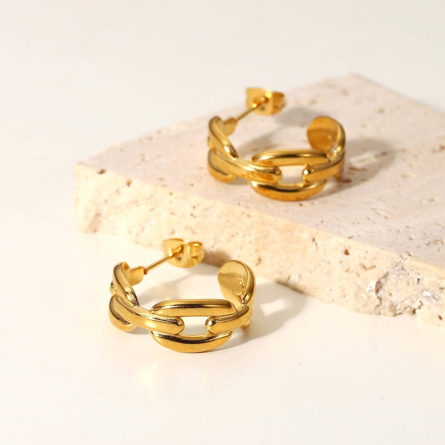 18K Gold Plated Hollow Connected Chain C Hoop Earrings & Ring Set - Trendy Jewelry for Women | Perfect for Parties, Weddings & Everyday Wear | JDE835