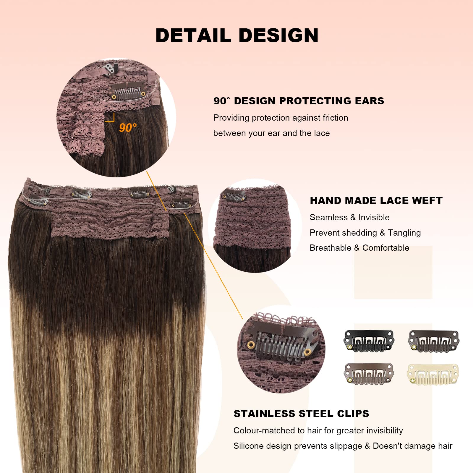 OiMiGO 20 Inch Human Hair Extensions with Invisible Fish Wire - Adjustable Size 100g (Brown Roots to Chocolate Brown Mix Beige Blonde Highlights) for Natural Volume & Length - Perfect for Parties, Weddings & Daily Styling