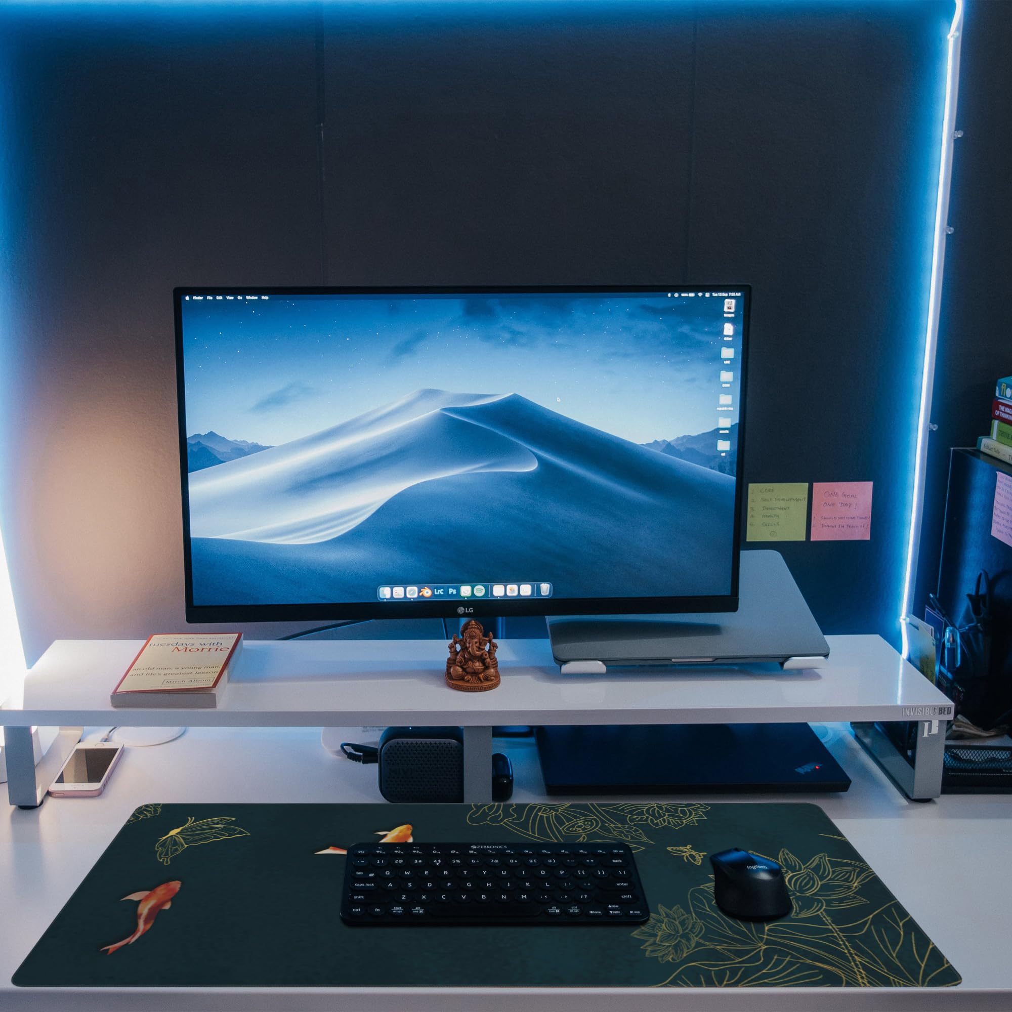 Large Gaming Mouse Pad with Koi Fish Ink Painting & Golden Lotus Design - Non-Slip Base, Stitched Edge, Extended XXL Size 35.4x15.7 Inches - Perfect for PC Gaming, Office Work & Home Computer Setup