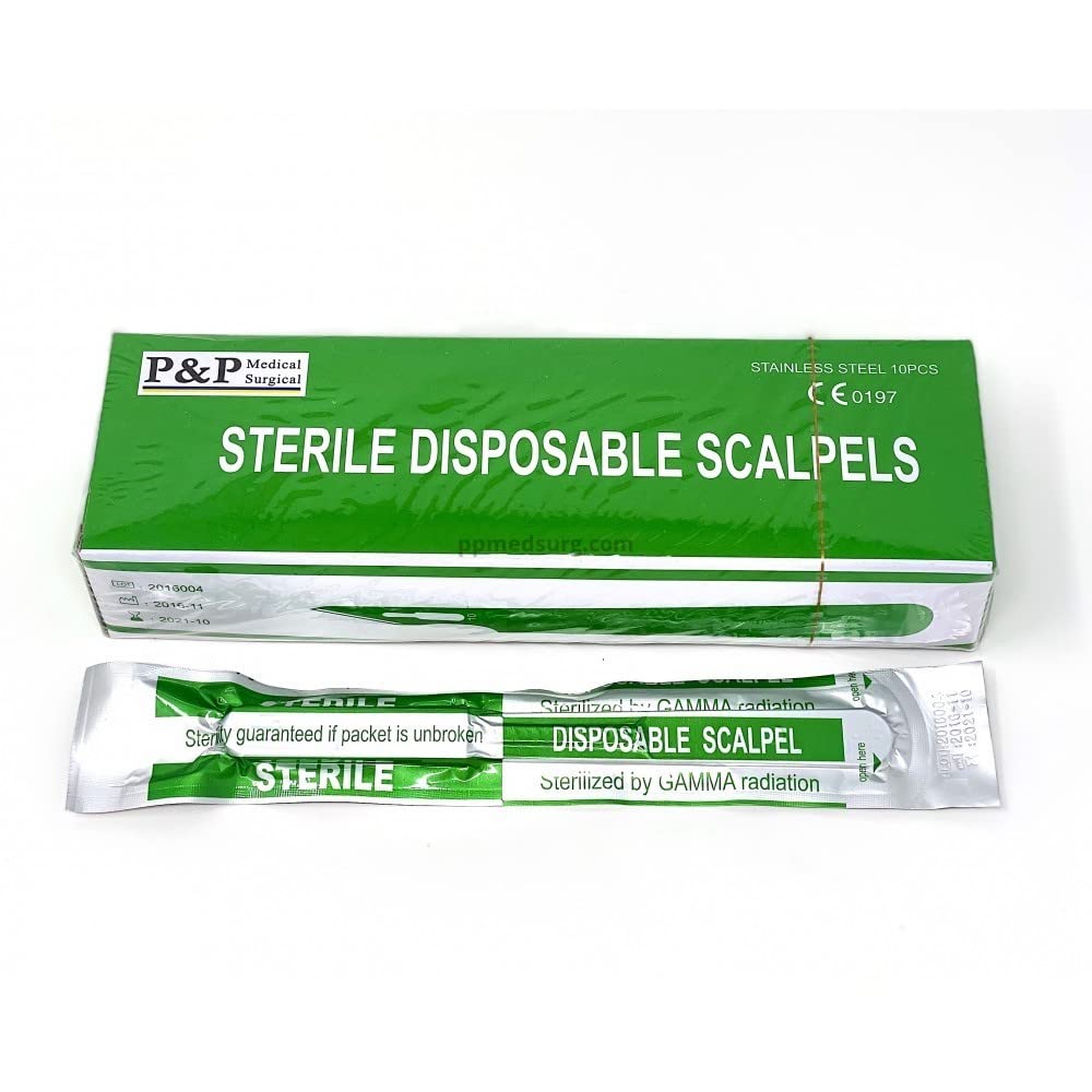 Disposable Scalpels Sterile Surgical Blade Size 14 - Stainless Steel with Plastic Handle & Metric Line - Individually Foil Wrapped (Case of 500) - Perfect for Medical Procedures, Veterinary Use & First Aid Kits