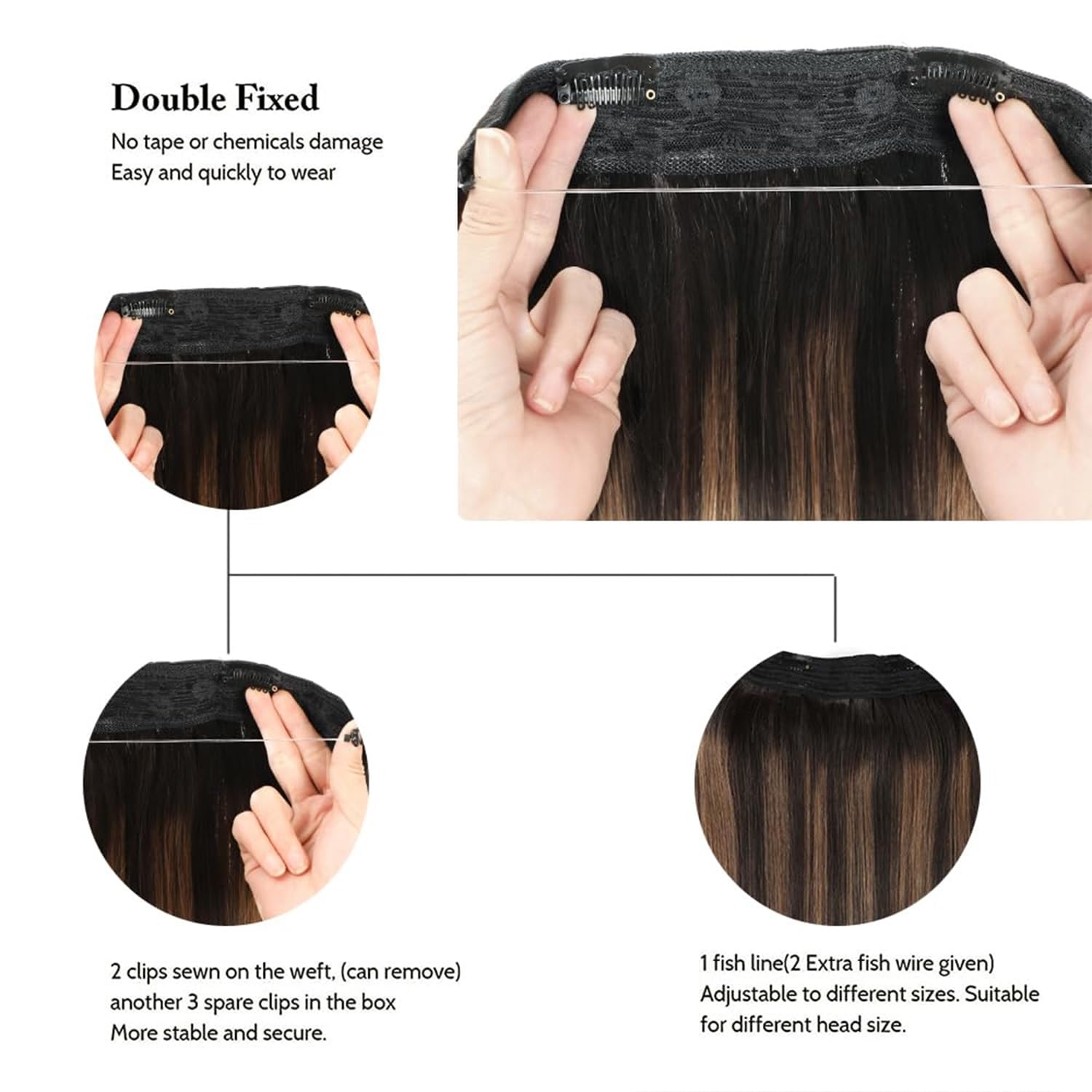 Star Show 100% Real Human Hair Extensions - Natural Black & Chestnut Brown Straight Hair - Invisible Wire Fish Line - 16 Inch Clip-in Hair Extensions for Women - Perfect for Daily Wear, Parties & Special Occasions