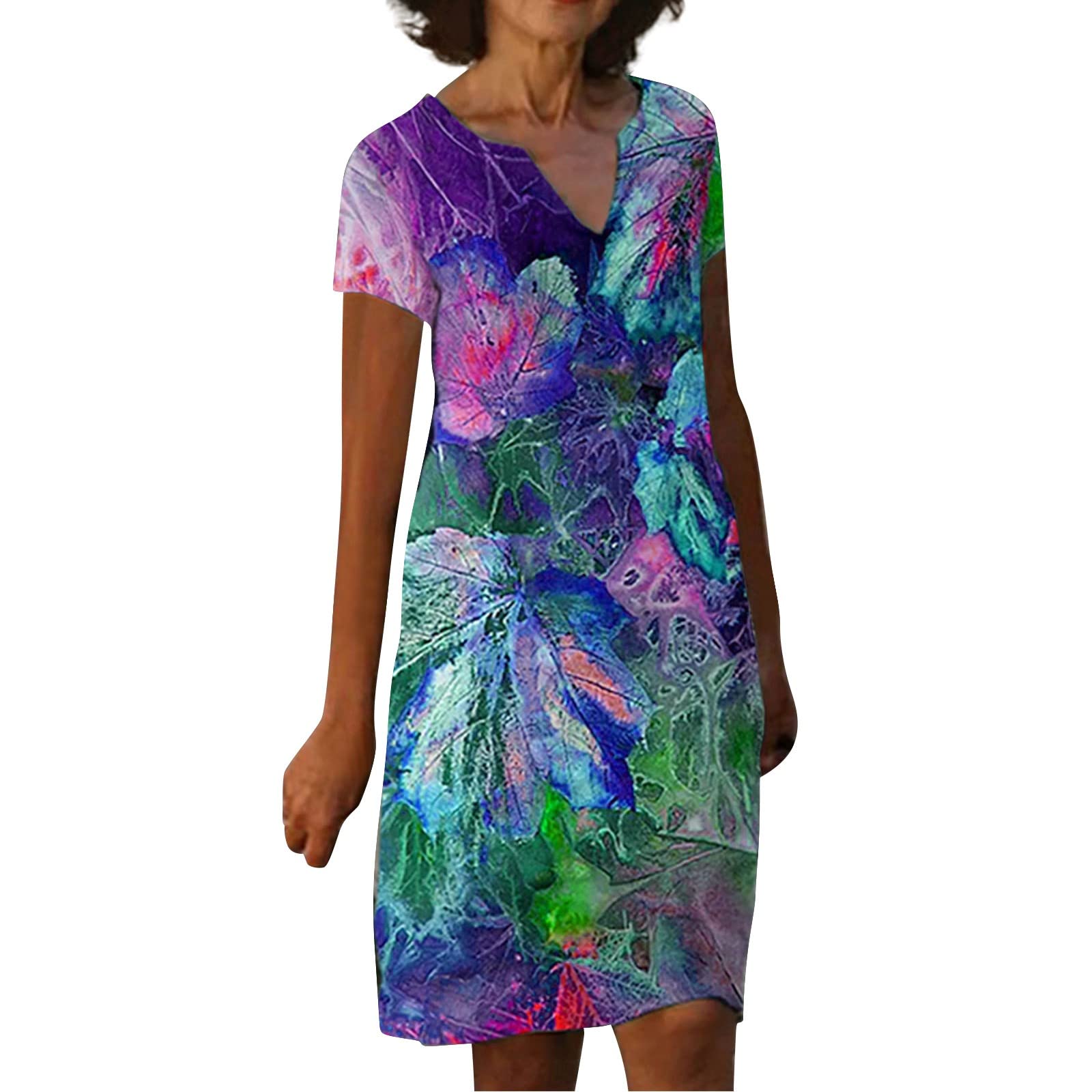 Kaniem Women's Floral Print V-Neck Short Sleeve Dress - Sexy Knee-Length Casual Summer Dress for Date Night, Party & Beach Vacation