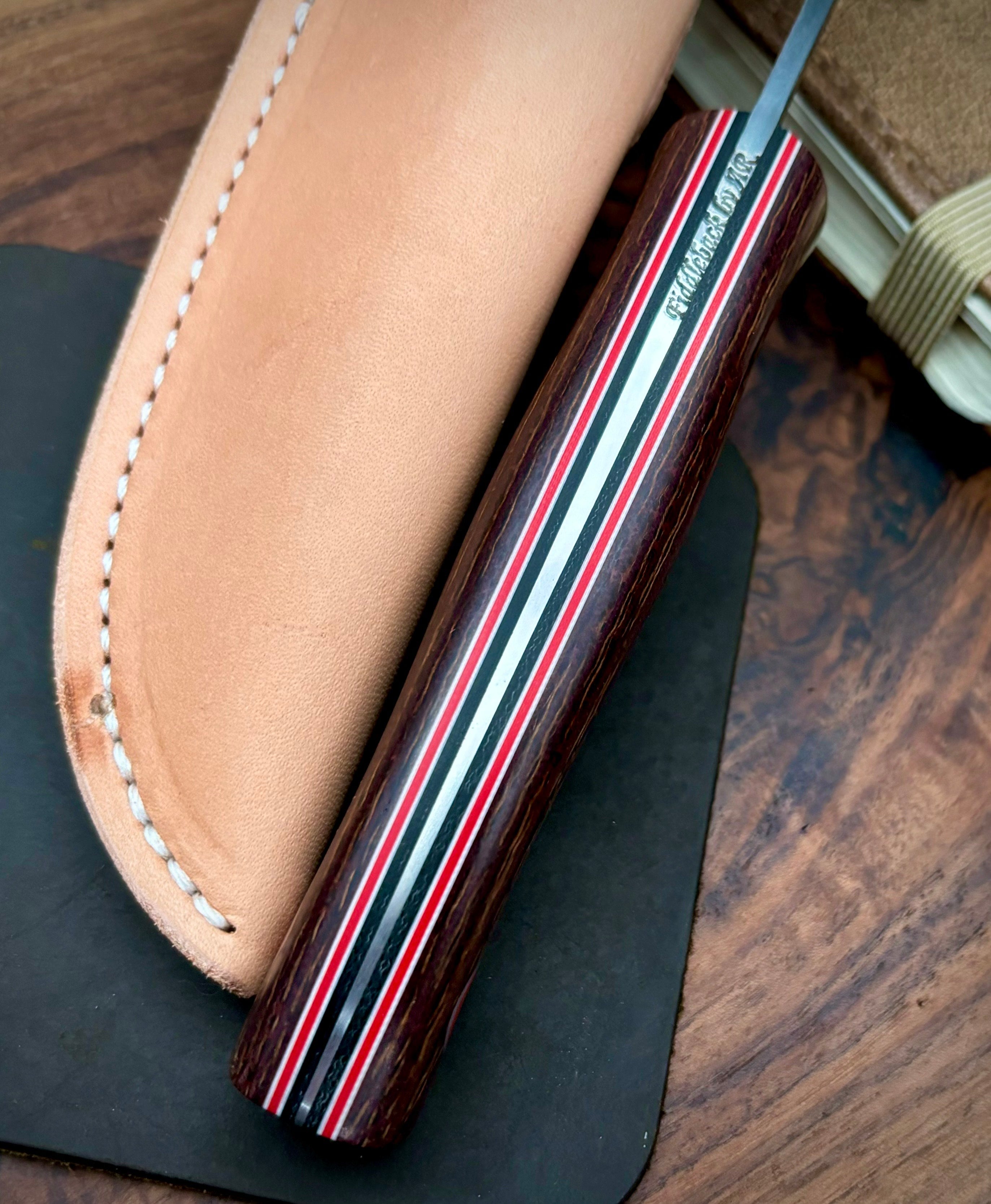 Fiddleback Forge Ladyfinger Knife - PB&J Burlap Handle with Black Liners & Red/White Pin Stripe - A2 Steel Blade - Perfect for Camping, Hunting, and Outdoor Adventures