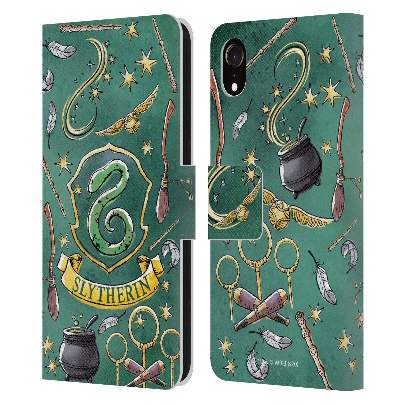 Harry Potter Slytherin Deathly Hallows Leather Wallet Case for iPhone XR - Officially Licensed Book Style Phone Cover by Head Case Designs, Perfect for Fans, Gifts & Daily Protection