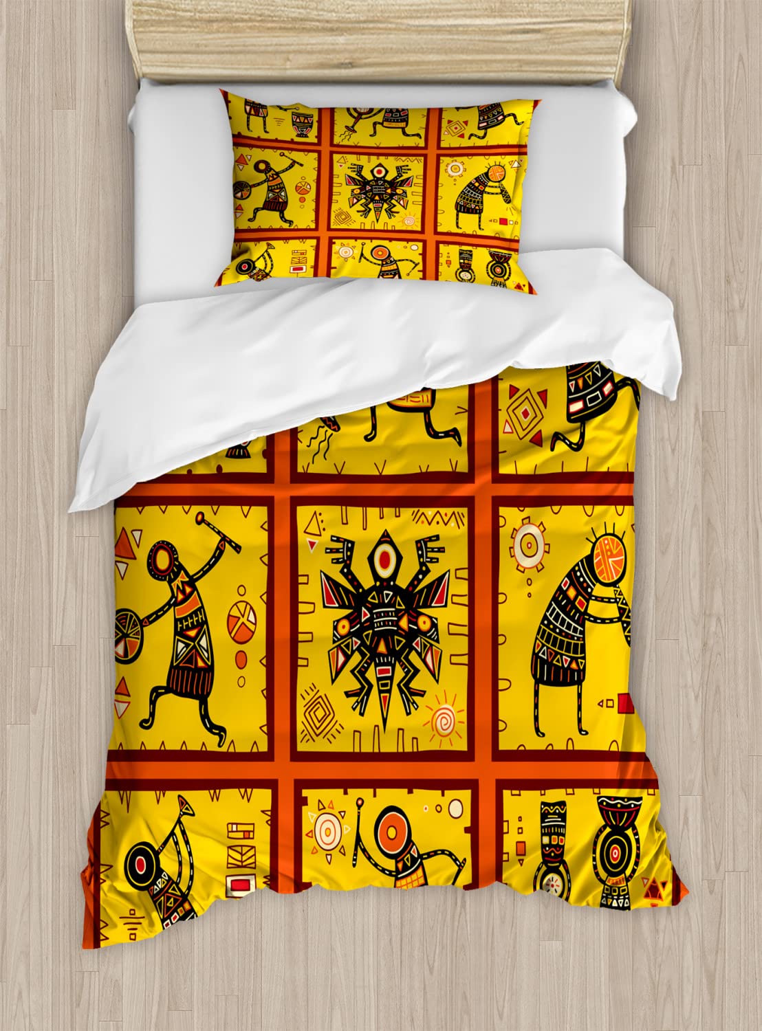 Ambesonne Orange Duvet Cover Set - Aboriginal Native Culture Design, 2-Piece King Size Bedding Set with 2 Duvet Covers & 4 Pillowcases in Coral Black Yellow | Perfect for Bohemian & Ethnic Style Bedrooms, Guest Rooms, and Cultural Home Decor