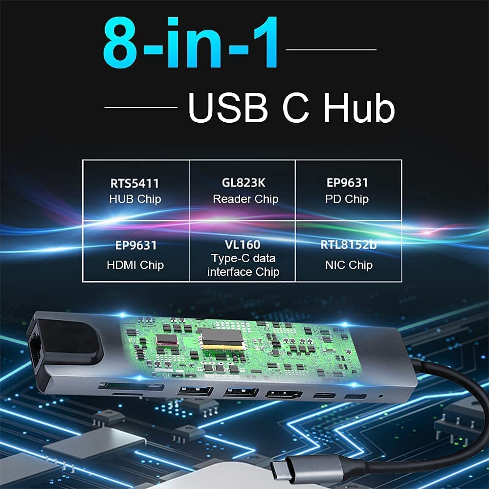 8-in-1 USB C Hub Adapter with 4K HDMI, Ethernet RJ45, 100W PD Charging, SD/TF Card Reader, USB 3.0/2.0 Ports - Compatible with MacBook Air/Pro, iPhone 15 Plus/Pro/Max, Nintendo Switch - Perfect for Home Office, Gaming & Travel