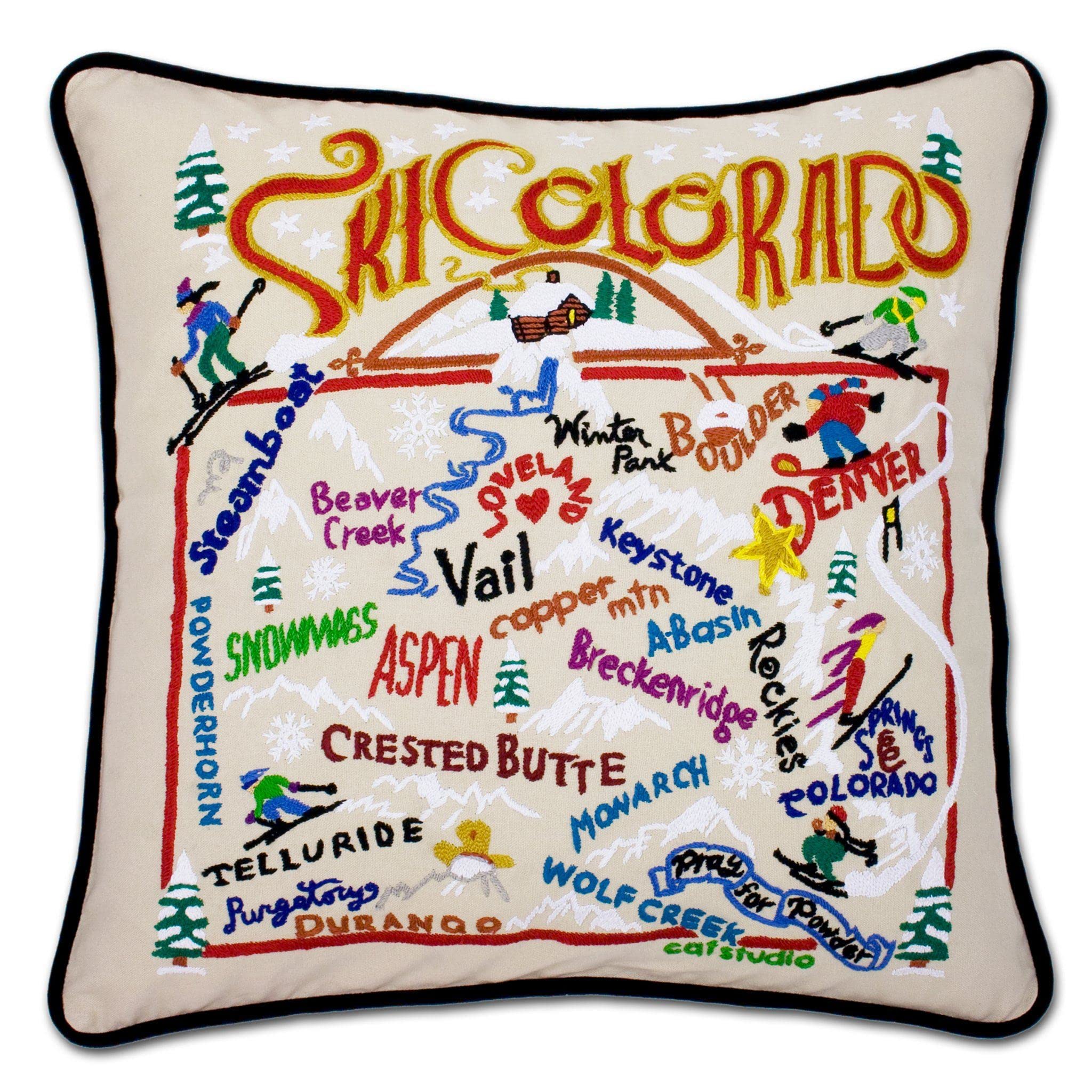 Catstudio Ski Colorado Embroidered Decorative Throw Pillow - Cozy Winter Home Decor for Sofa, Bed & Cabin