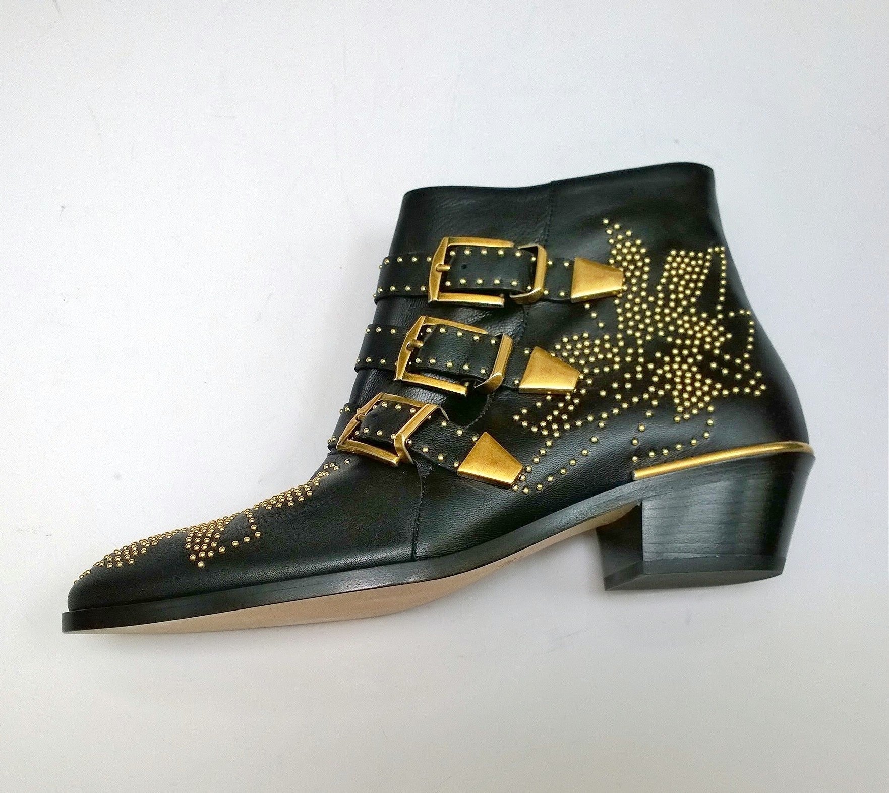 Chloé Susanna Black Leather Ankle Boots with Gold Studs & Buckle - New in Box - Perfect for Night Out, Party & Fashion Events