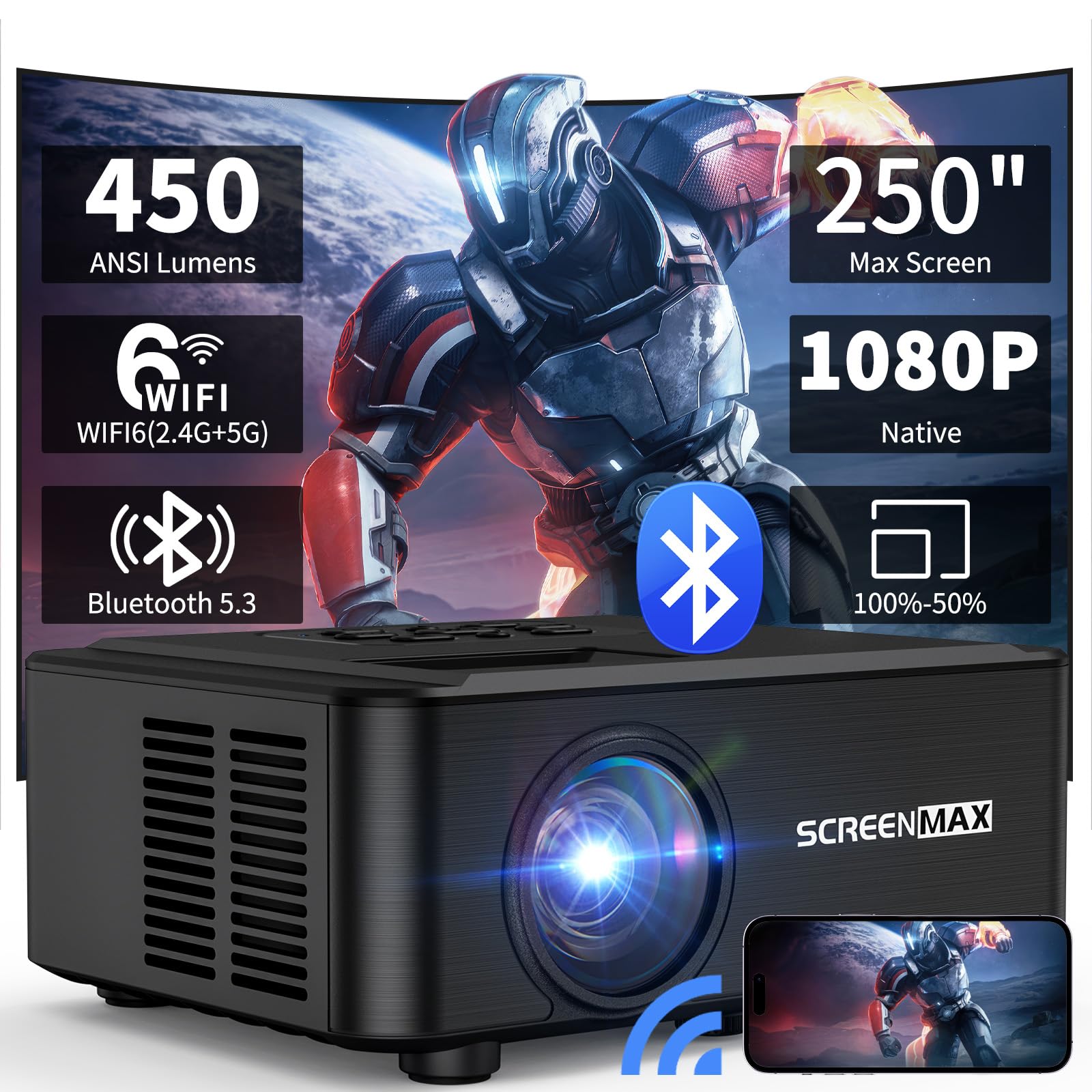1080P WiFi Bluetooth Projector - Portable Outdoor Movie Projector with Zoom Function, Compatible with iPhone Android TV Stick | Perfect for Backyard Movies, Camping & Home Theater
