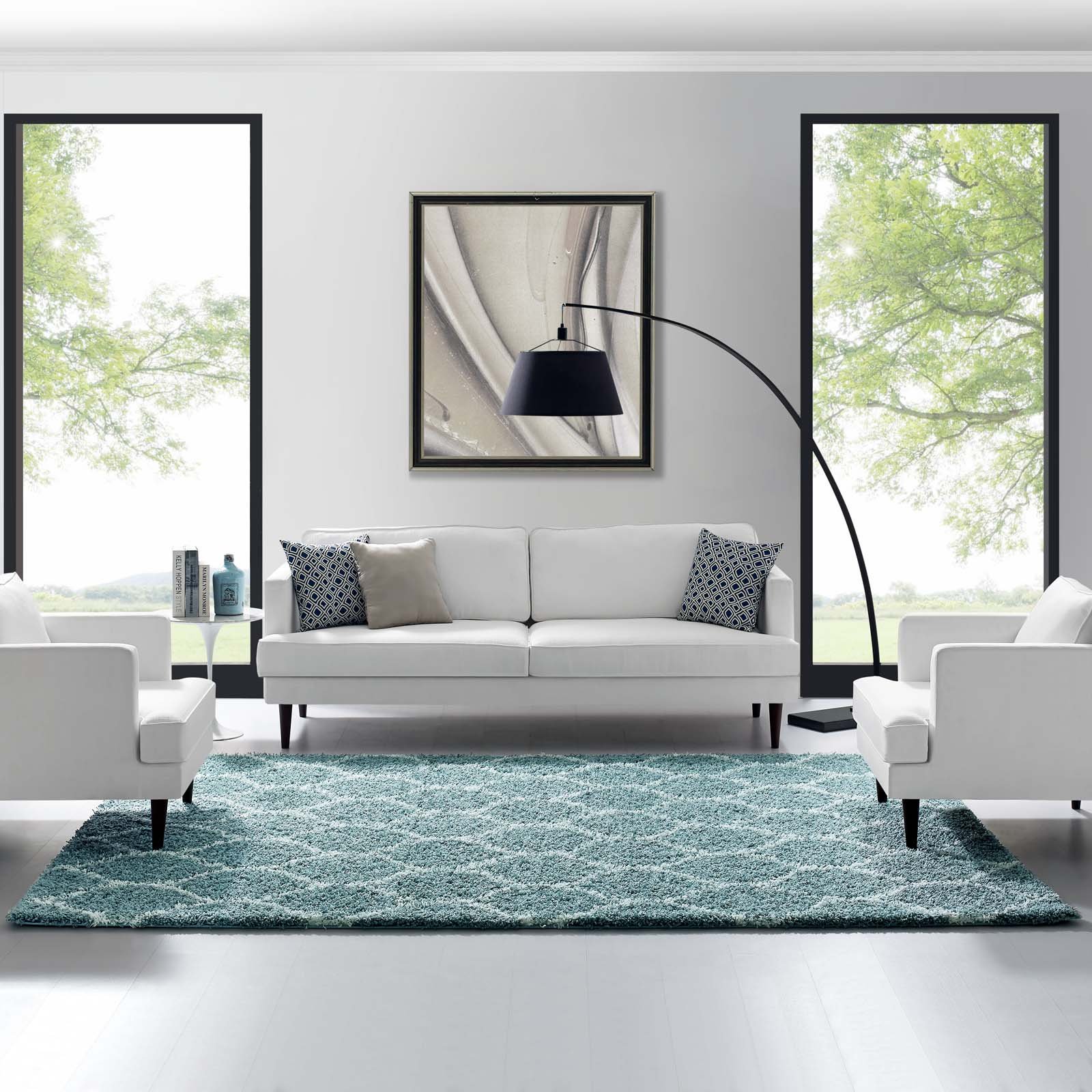 Modern Contemporary Urban Design Living Room Area Rug - Non-Slip Floor Carpet Runner in Multi Blue Fabric - Perfect for Lounge, Bedroom & Home Decor