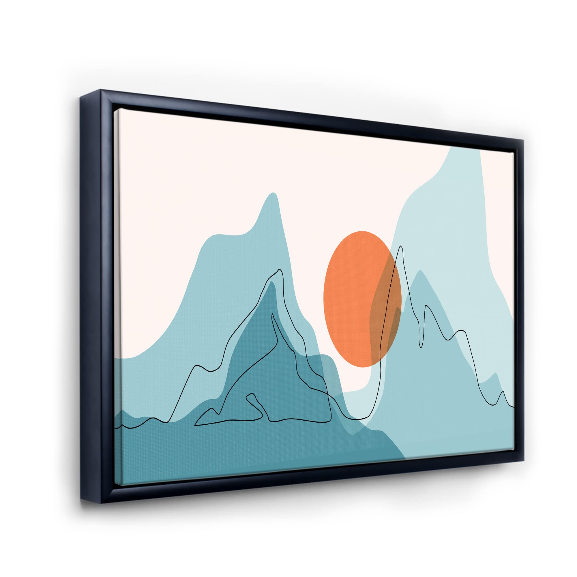 DesignQ Red Moon Over Abstract Blue Mountains I - Modern Framed Canvas Wall Art Print for Living Room, Bedroom & Office Decor