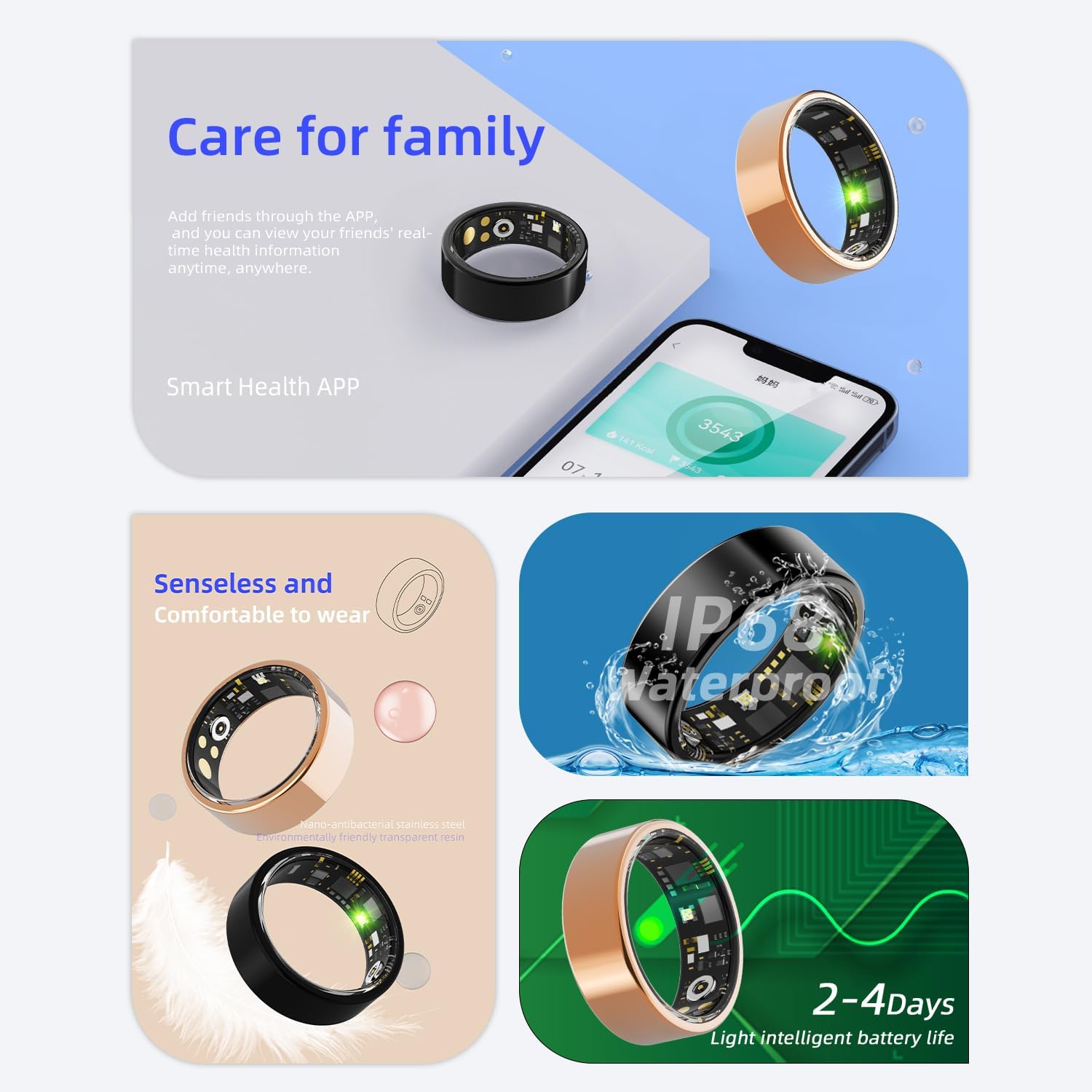Smart Ring for Women & Men - Fitness Tracker with Heart Rate Monitor, Sleep Tracking, Step Counter, Calorie & Distance Measurement - IP68 Waterproof Activity Ring (Black, Size 10) - Perfect for Workouts, Sleep Analysis & Daily Health Monitoring