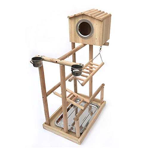 Natural Wood Bird Perch Stand with Bird House - Parrot Toy Playground, Swing, Bridge & Ladder for Macaw, Cockatiel, Budgie, Conure - Cage Accessories for Climbing, Playing & Resting - Perfect for Bird Cages, Aviaries & Pet Play Areas