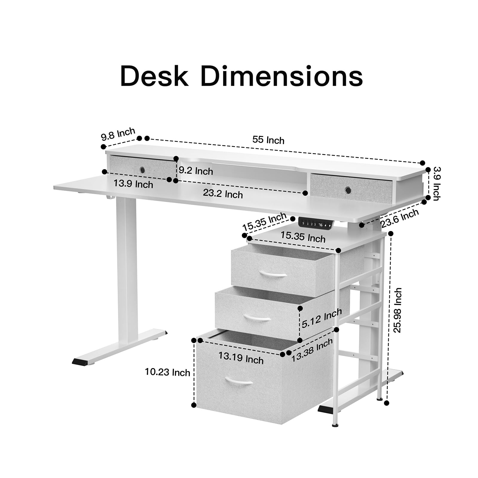 55 Inch Electric Height Adjustable Standing Desk with Cabinet & Drawers - Smart Home Office Computer Desk with Monitor Shelf, White - Perfect for Remote Work, Gaming & Ergonomic Workspace Setup