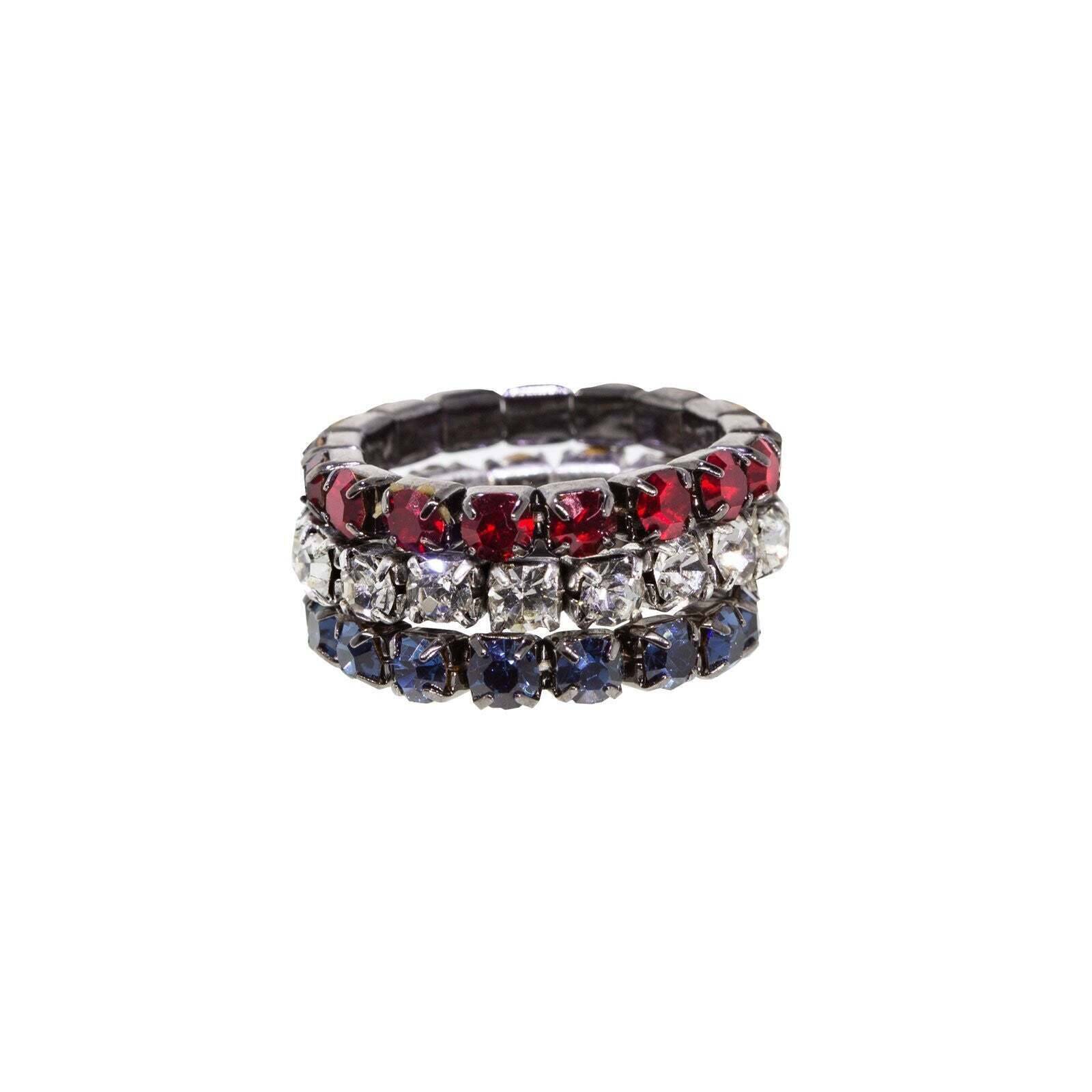 1928 Jewelry American Stripes Stackable Stretch Ring Set - Adjustable Fashion Rings for Women, Patriotic Red White Blue Rings - Perfect for 4th of July, Independence Day & Everyday Wear