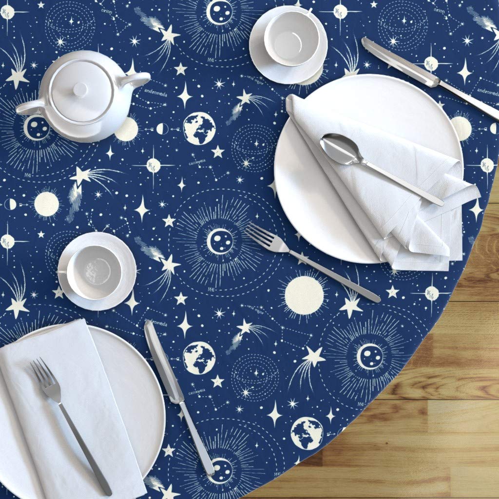 Solar System Blue Stars Vintage Cotton Sateen Tablecloth 70