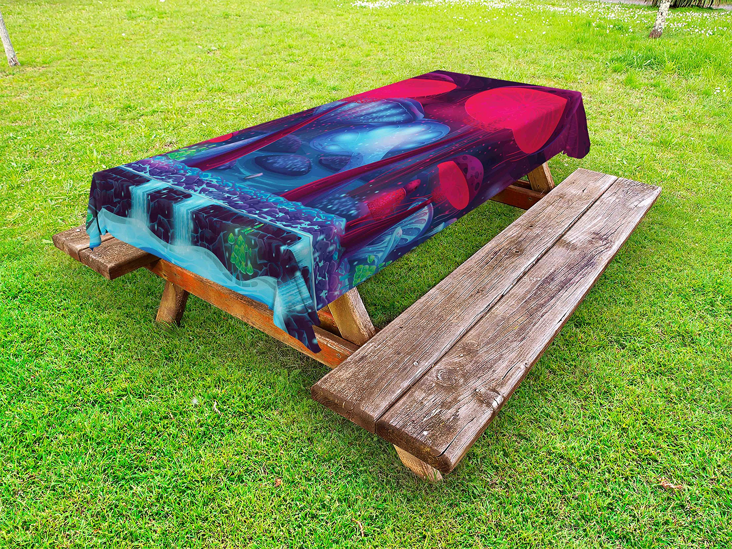 Ambesonne Waterproof Outdoor Tablecloth - Magic Mushroom Neon Design, Enchanted Forest Theme Print, Washable Picnic Table Cover 58x104 Inches (Blue & Red) - Perfect for Garden Parties, Camping & BBQ Gatherings