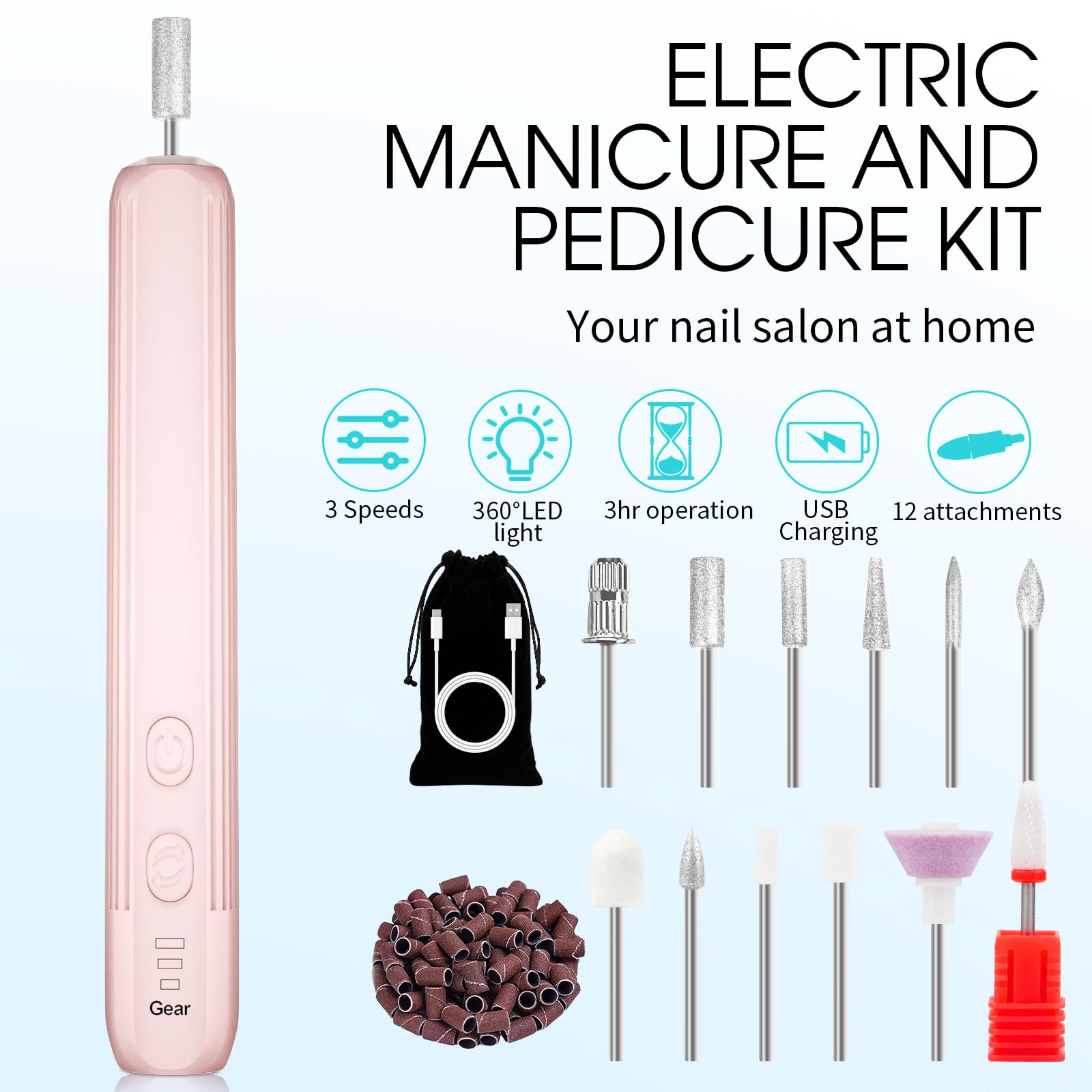 Professional Cordless Electric Nail Drill Kit - Rechargeable Manicure & Pedicure Set with 3 Speed Settings for Thick Nails, Toenails & Cuticles | Perfect for Home Salon, DIY Nail Care & Professional Use