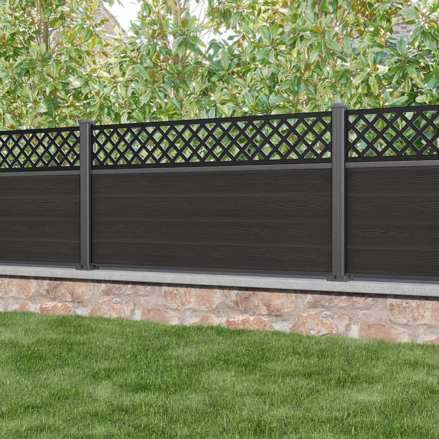 Dark Oak Classic Hive Fence Panel with Aluminum Posts - Durable Garden Fencing for Backyard Privacy and Decoration