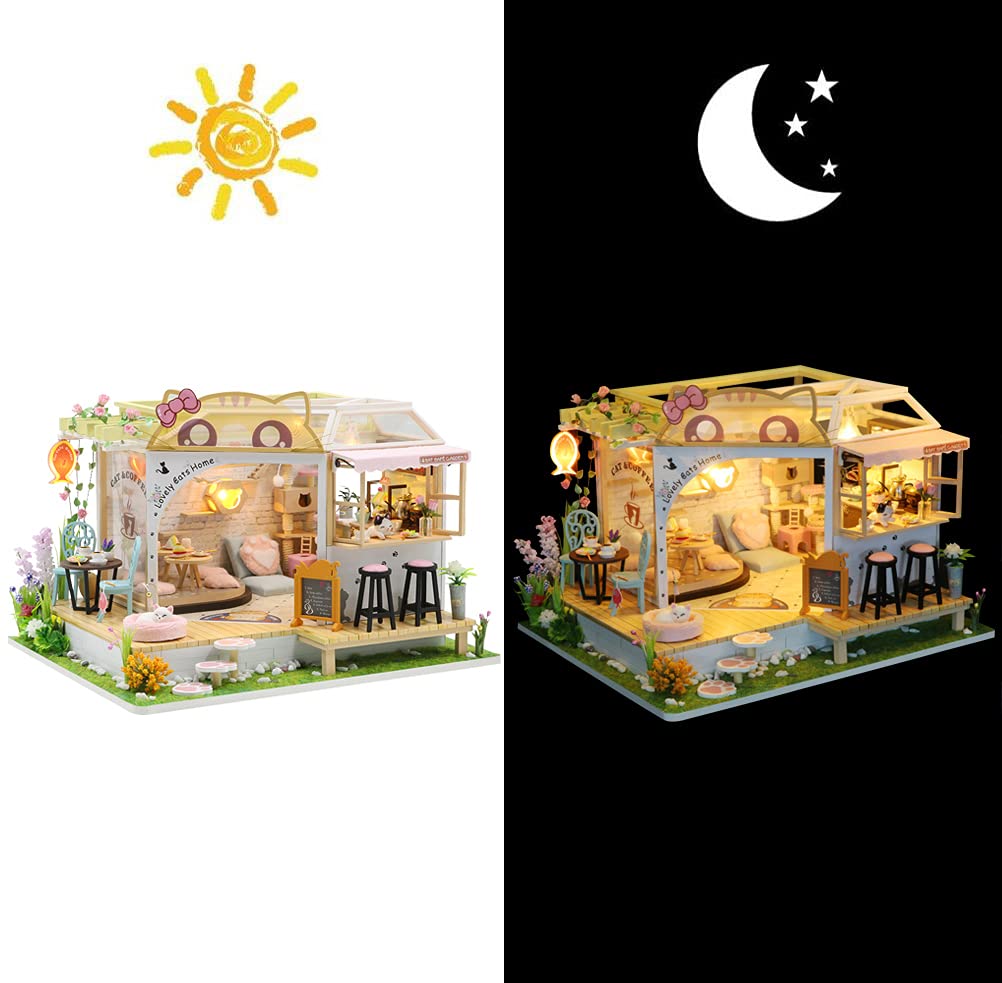 DIY Miniature Cat Cafe Dollhouse Kit - Wooden Pet Coffee Shop Building Model with Furniture, LED Lights & Music Box - Perfect for Birthday Gifts & Home Decor (No Dust Cover) | Creative Play, Collectible Display & Relaxing Hobby Project