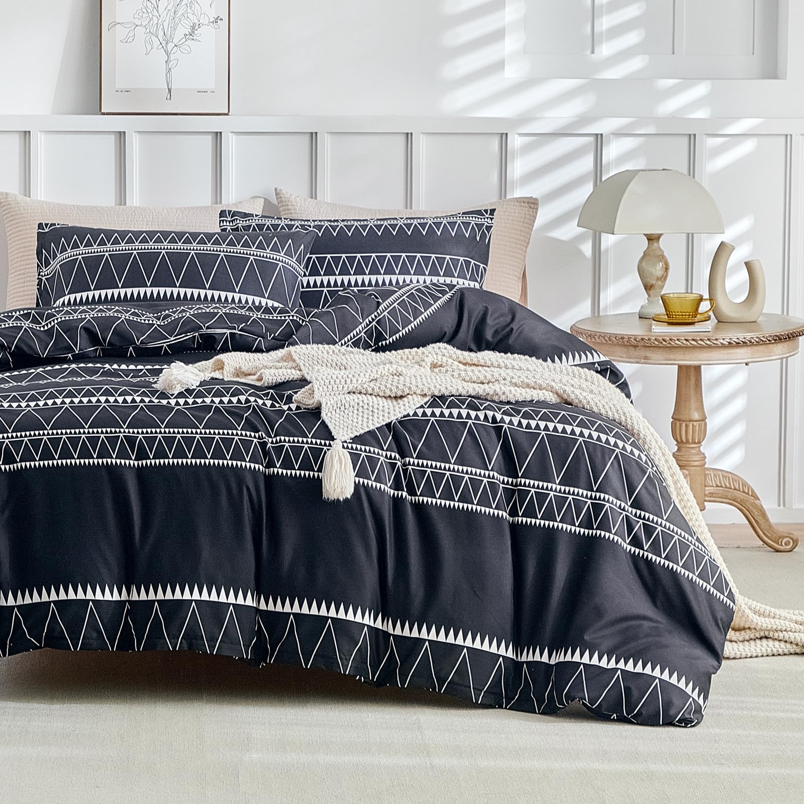 Boho Duvet Cover Queen Size - Black 3-Piece Microfiber Comforter Set with Zipper Closure | Ultra Soft & Breathable Bedding (90