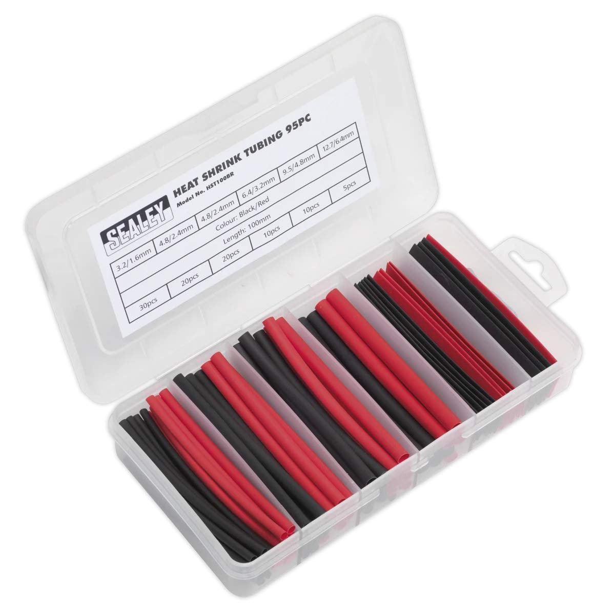 Sealey HST100BR 95-Piece Heat Shrink Tubing Kit (100mm) - Black & Red Assortment for Electrical Wiring, DIY Projects & Automotive Repairs