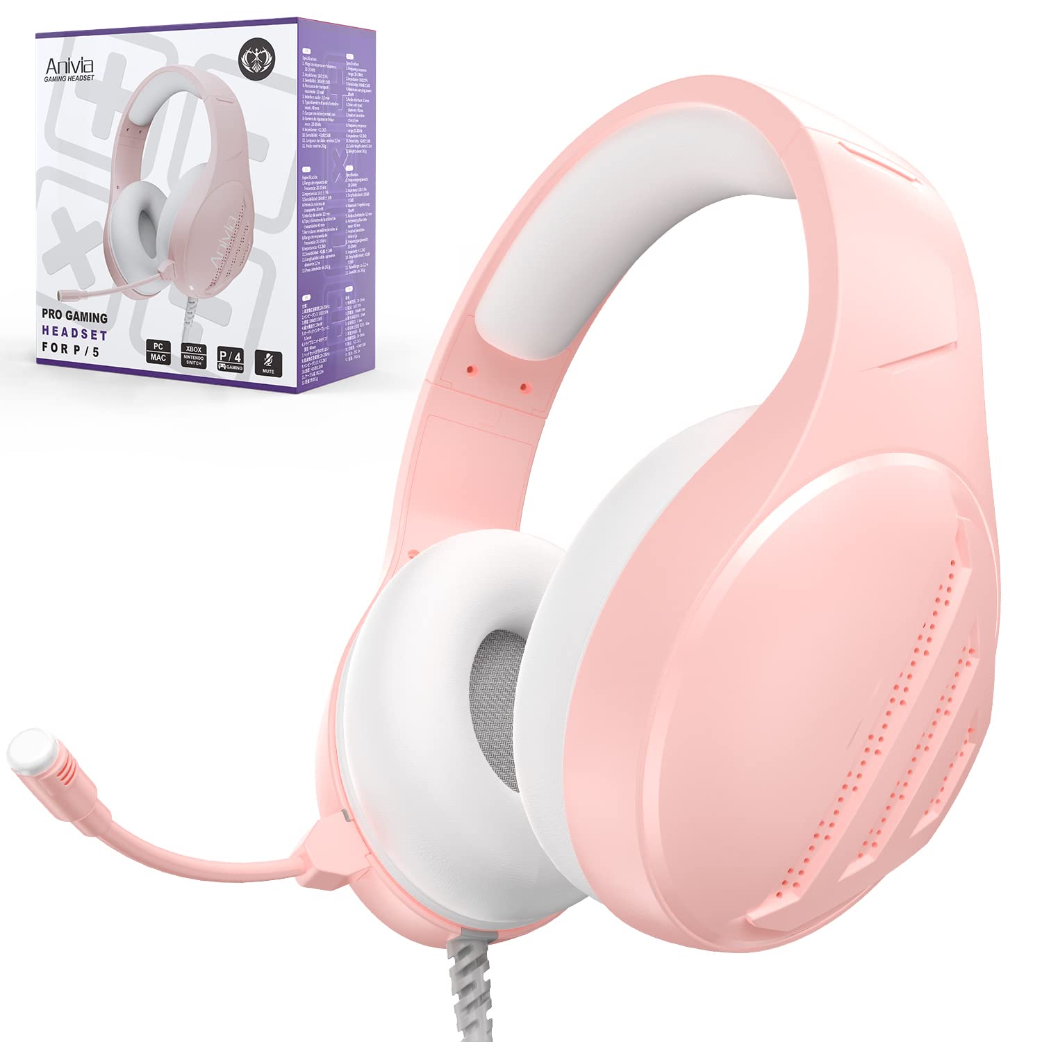 Anivia Stereo Gaming Headset with Mic for PC, PS5, Xbox - Pink for Immersive Play