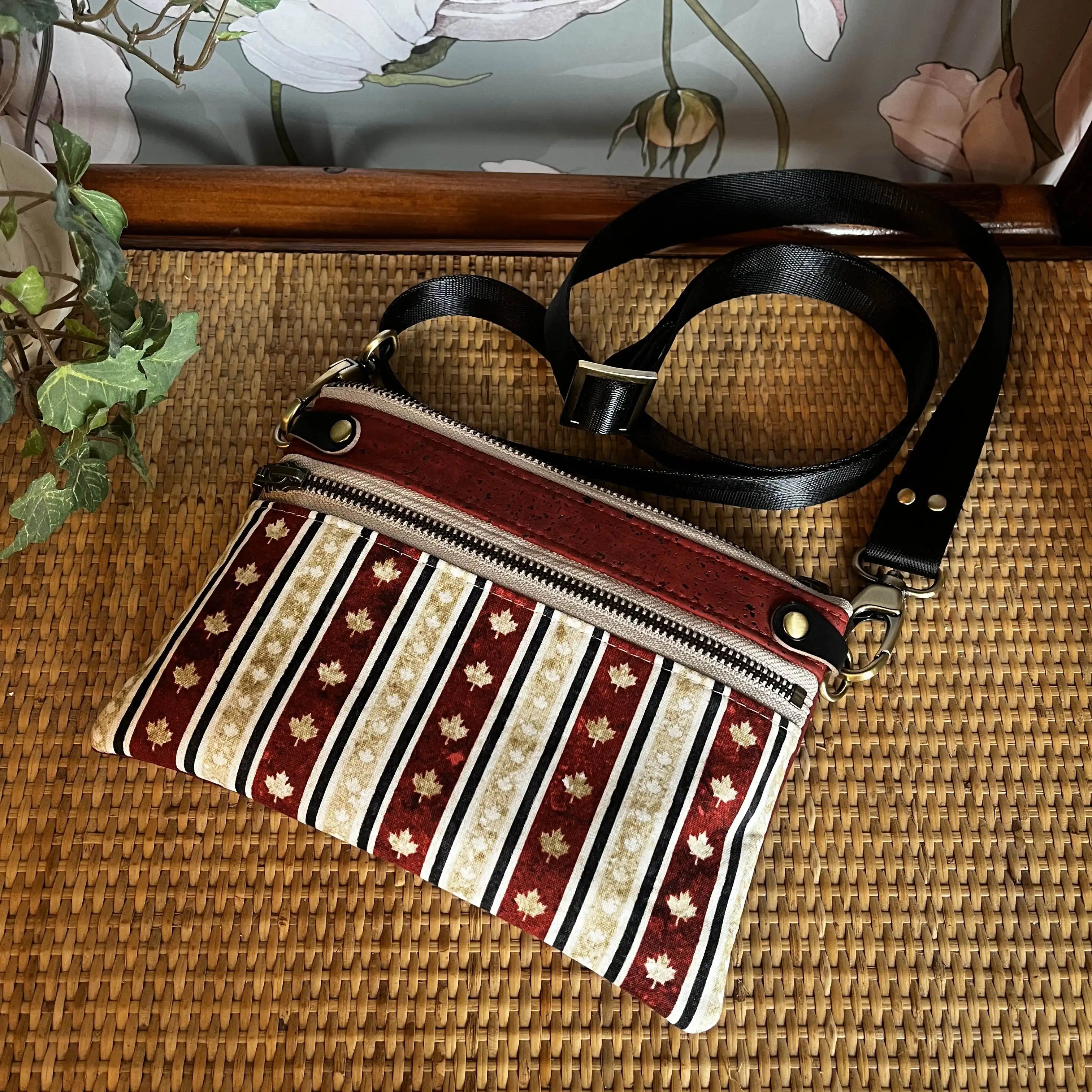 Izzy Cross Body Small Handbag - Scarlet Red Cork with 'Canada' Print & Brushed Antique Finish | Perfect for Travel, Shopping & Everyday Use