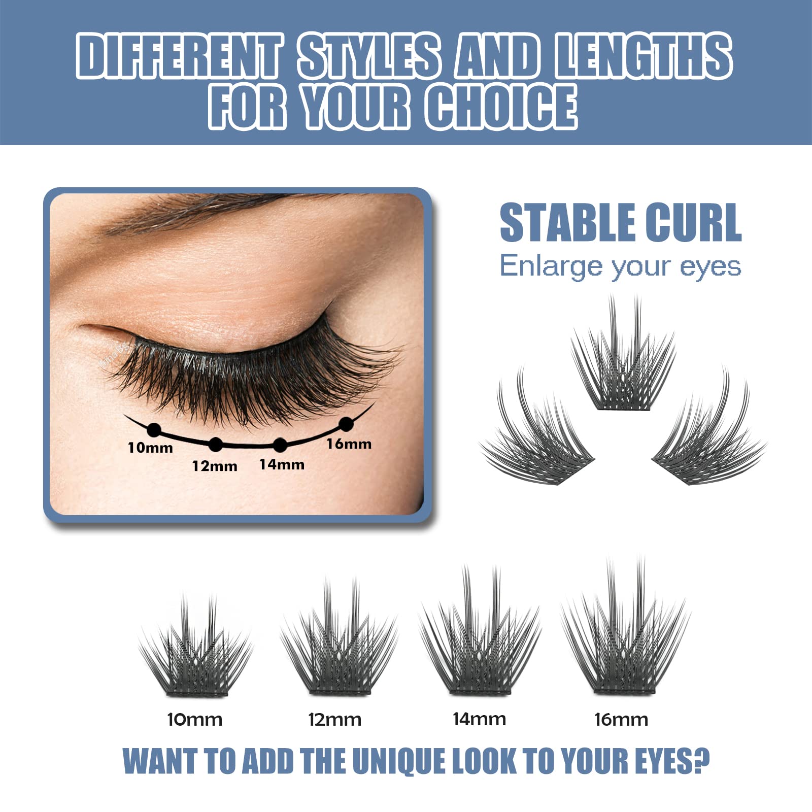 3D Effect DIY Eyelash Extension Kit - 12 Clusters Volume Lashes with Glue Bonded Band (10MM Diamonds, C Curl) for Natural Look & Home Salon Use | Perfect for Parties, Weddings & Special Occasions