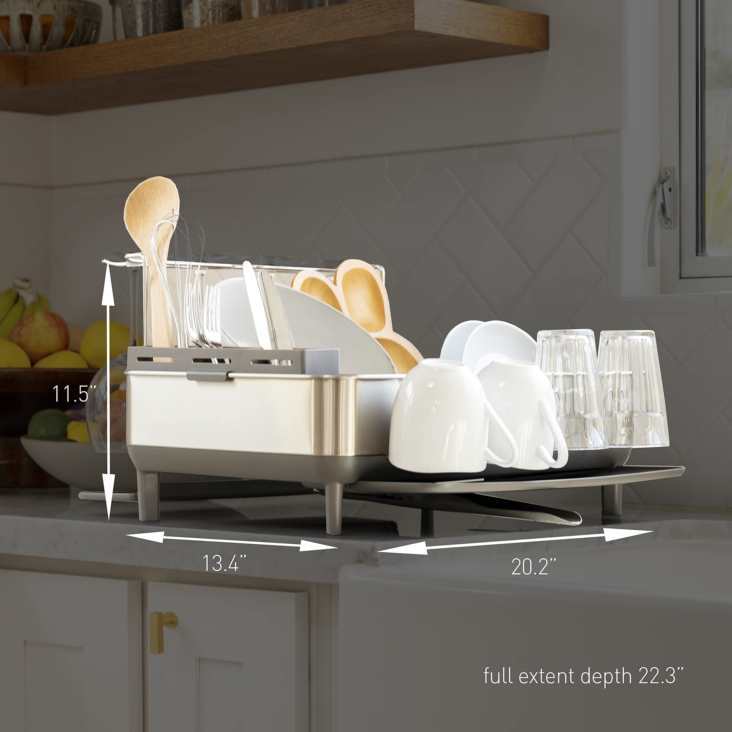 simplehuman Kitchen Dish Drying Rack with Swivel Spout | Fingerprint-Proof Stainless Steel Frame & Grey Plastic Tray | Space-Saving Countertop Organizer for Dishes, Cups & Utensils