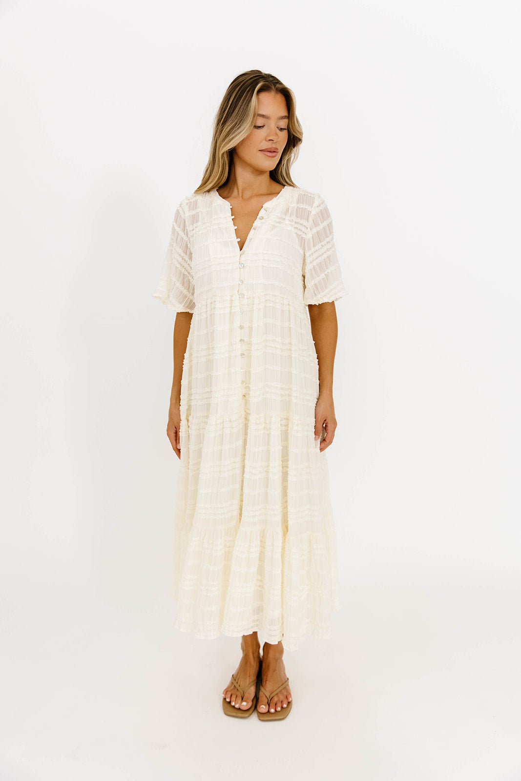 Kristin Tiered Woven Maxi Dress in Ivory - Bump Friendly Maternity Dress with Detachable Liner | Perfect for Pregnancy, Weddings & Summer Vacations