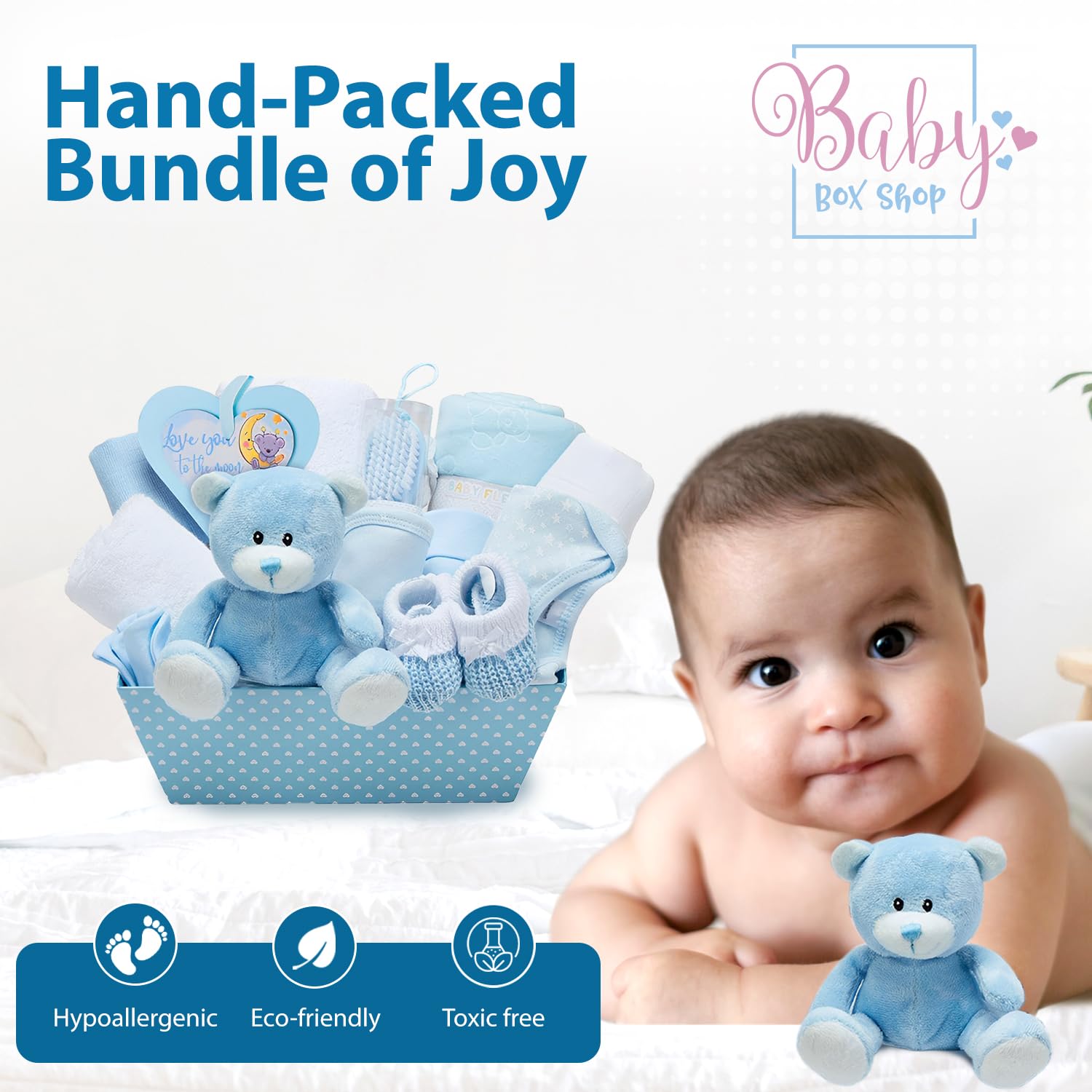 Premium Baby Boy Gift Basket for Newborns - Blue Newborn Baby Boy Gift Set with Baby Essentials - Perfect Baby Shower Gift & Welcome Home Present for New Parents | Ideal for Birthdays, Christenings & Baby Showers