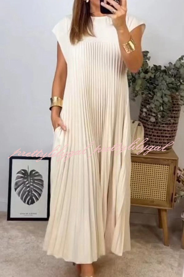 Elegant Solid Color Round Neck Sleeveless Pleated Maxi Dress with Flowy Hem - Perfect for Summer Beach Vacations, Garden Parties & Casual Outings
