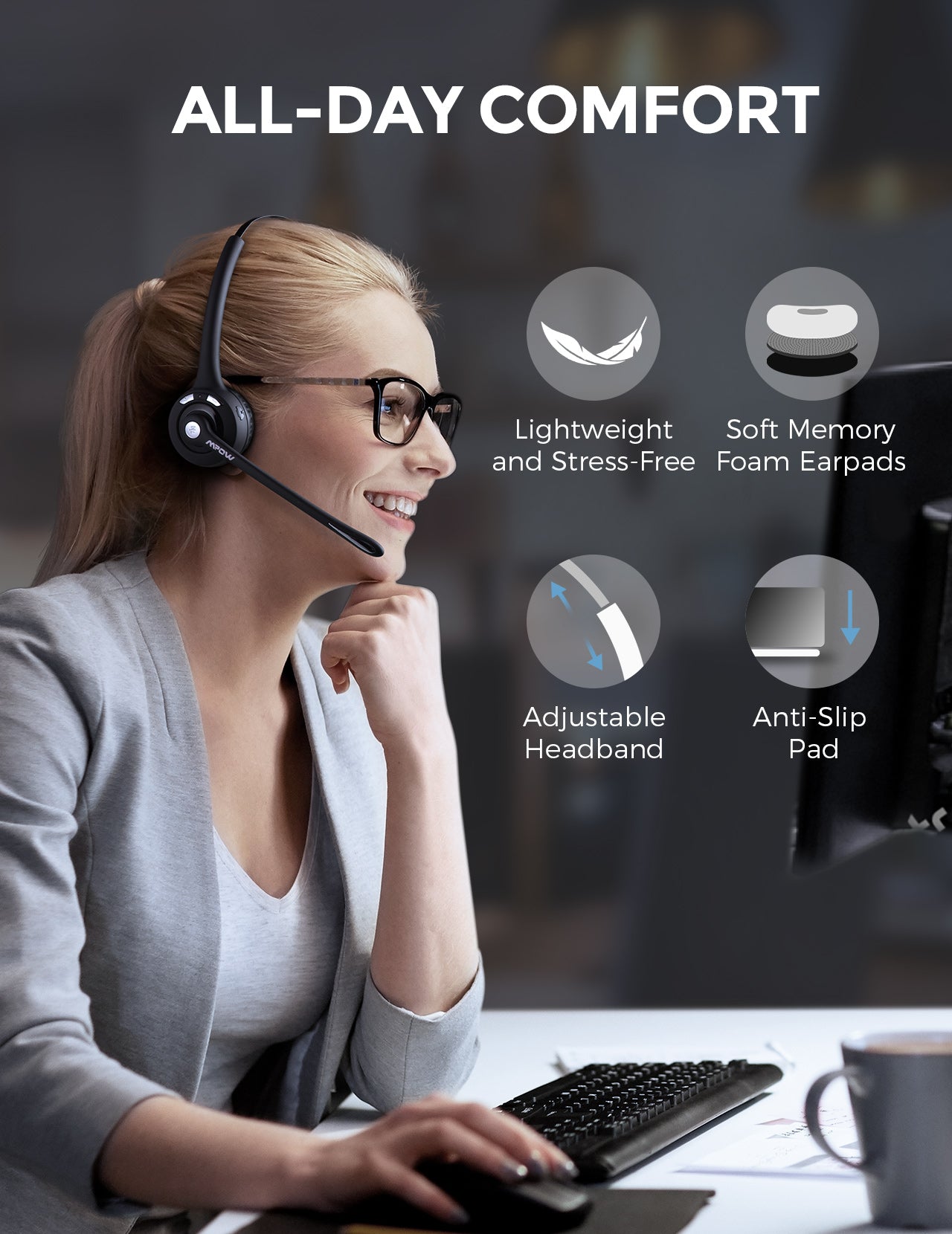 Mpow BH453A Pro Bluetooth Trucker Headset with Microphone - Noise Cancelling Wireless Headset for Truck Drivers, Call Center & Office Use - Comfortable Over-Ear Design with HD Mic for Clear Calls