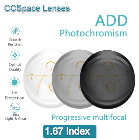 CCSpace Progressive Photochromic Gray Anti Blue Light Lenses - UV Protection & Glare Reduction for Computer Work & Outdoor Activities