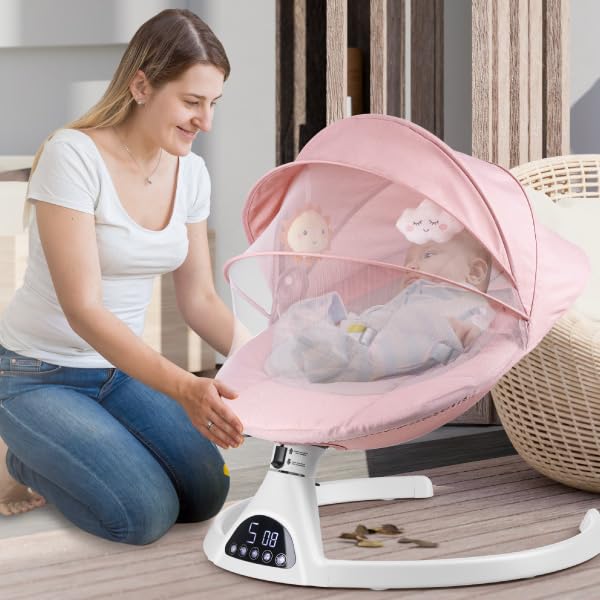 Suureks Baby Swing for Infants - 5 Motion Rocker with Natural Sway, LED Touch Panel & Music Speaker | Remote Control Infant Swing (Pink) | Perfect for Nursery, Playtime & Soothing Fussy Babies
