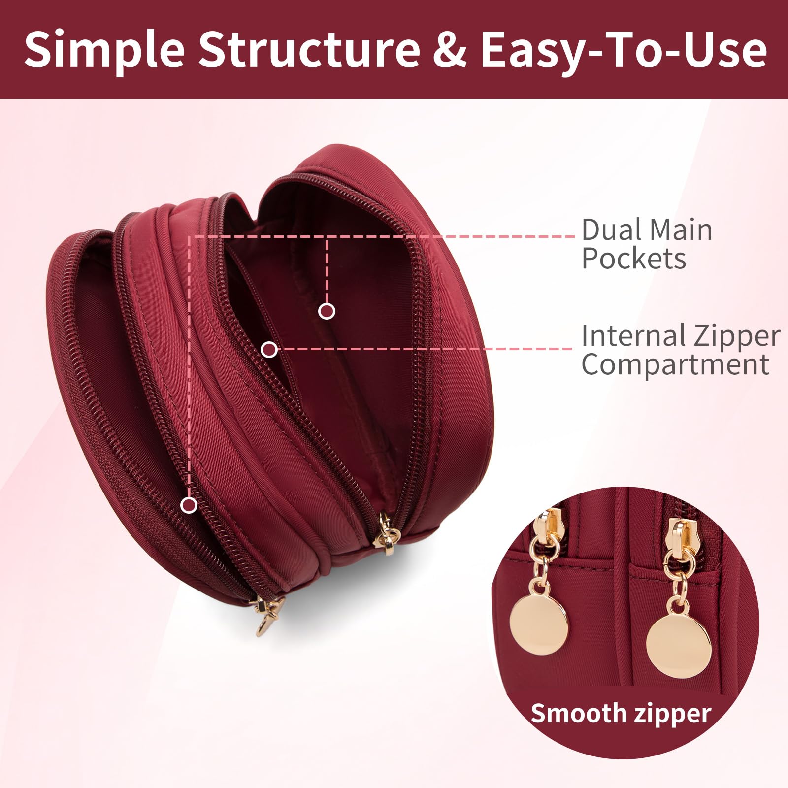 Small Double Zipper Makeup Pouch - Travel Cosmetic Bag & Mini Toiletry Organizer for Women (Red) | Perfect for Purse, Gym, Vacation & Everyday Essentials