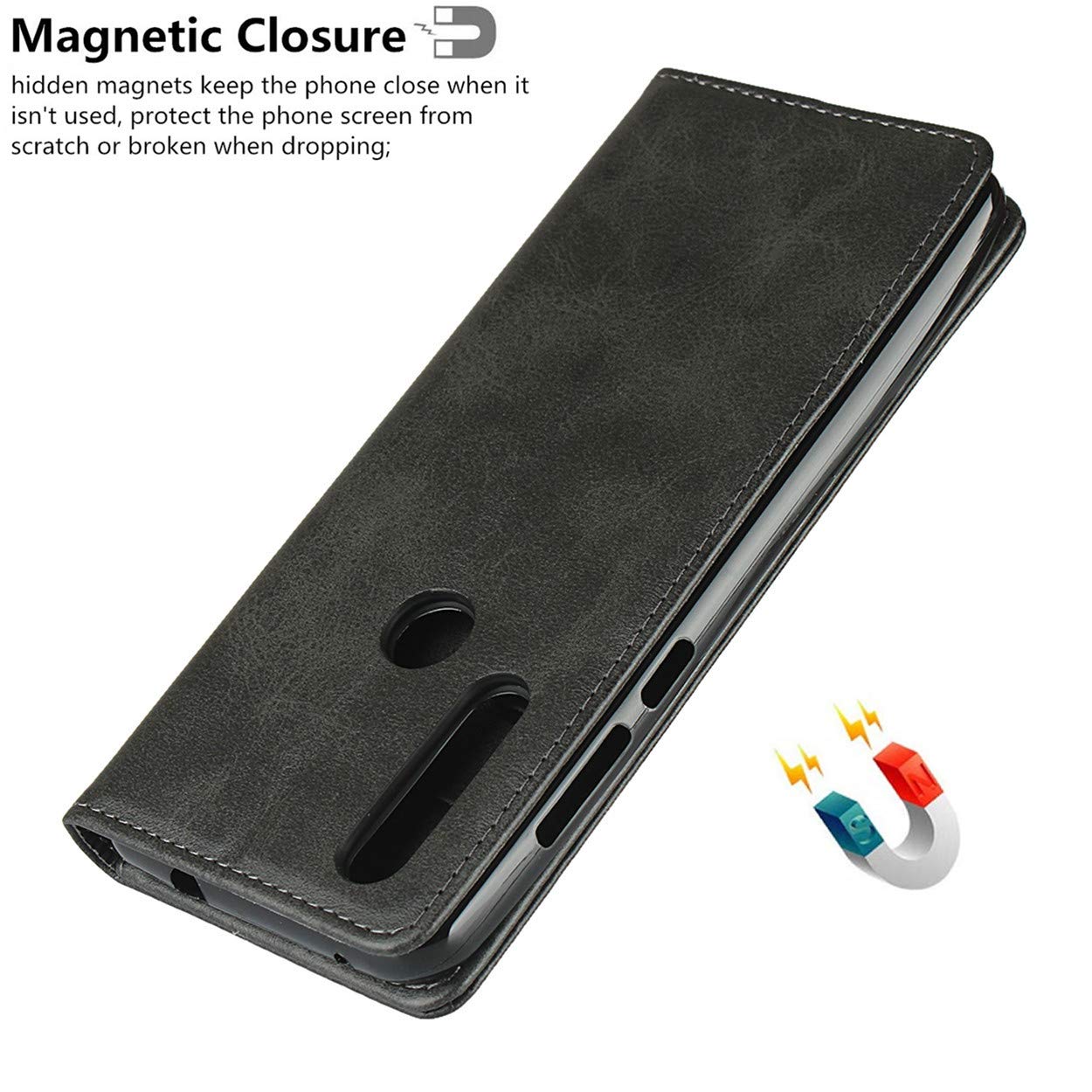Premium PU Leather Magnetic Wallet Case for Motorola One Action - 3 Card Slots Holder with Soft Inner Shell & Kickstand | Dark Gray | Perfect for Work, Travel & Everyday Protection