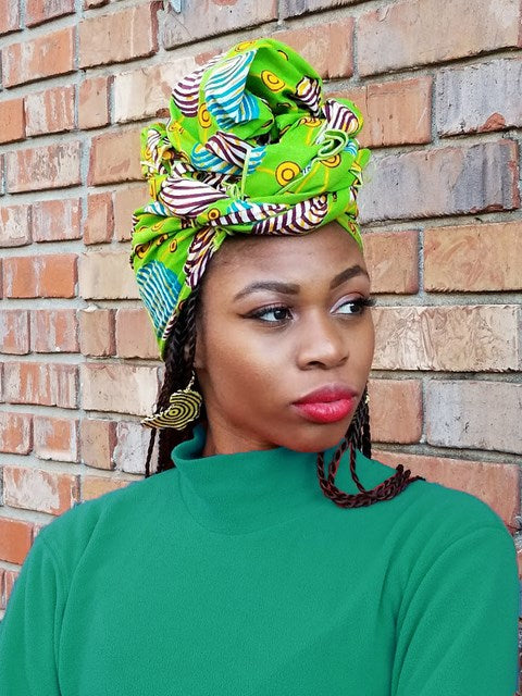 Bright Green African Print Head Wrap DP3843H – Stylish Hair Accessory for Women, Afro-Centric Fashion, Perfect for Parties, Weddings & Everyday Wear