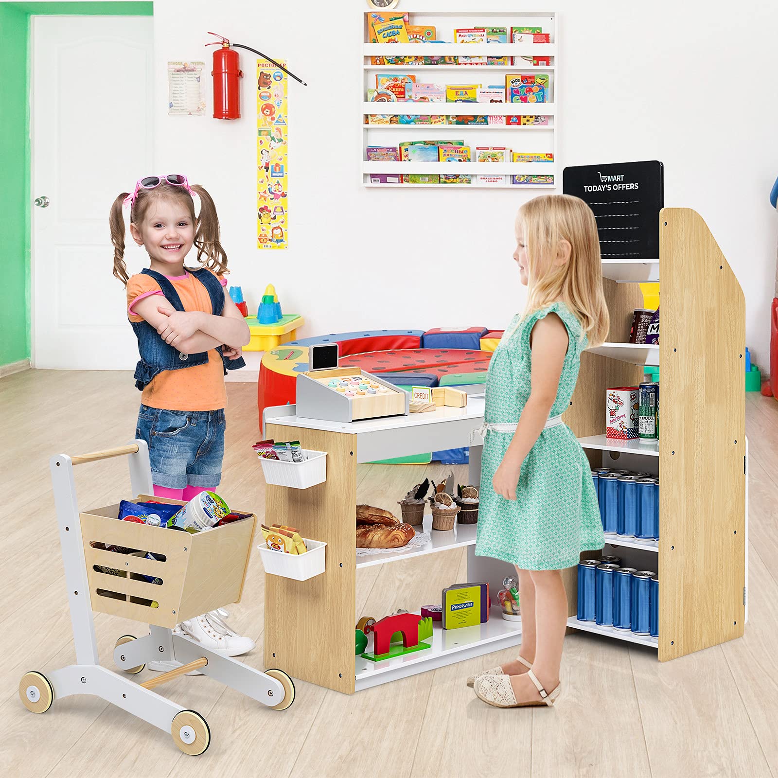 INFANS Kids Wooden Grocery Store Playset - Supermarket Toy Set with Cash Register, Shopping Cart, Blackboard & Wooden Coins | Pretend Play Toy for Toddlers & Preschoolers | Perfect for Role Play, Learning & Social Skills Development