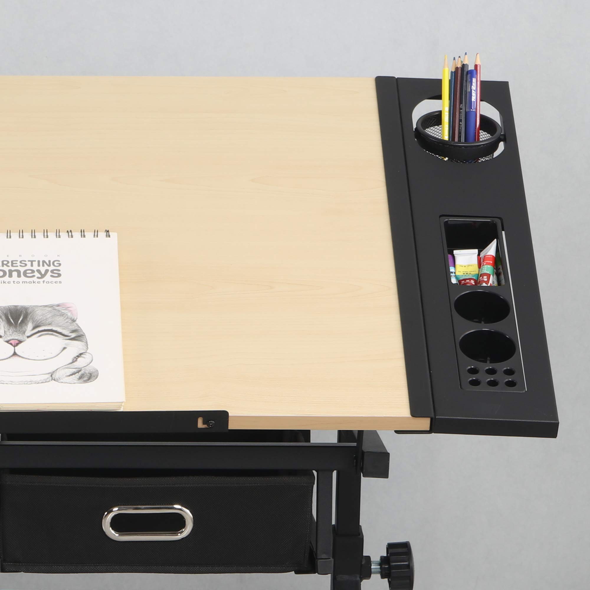 Adjustable Drawing Drafting Table with 2 Non-Woven Storage Drawers & Stool - Solid Wood & MDF Top, Metal Frame - Home Office & School Art Studio Furniture - Perfect for Artists, Architects & Students (Natural American White Oak)