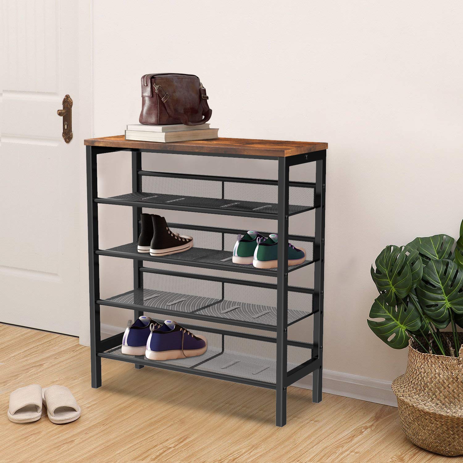5-Tier Adjustable Industrial Shoe Rack with Mesh Shelves - Sturdy Country Style Shoe Storage Organizer for Entryway, Living Room, Bedroom & Porch - Perfect for Home, Apartment and Office Organization