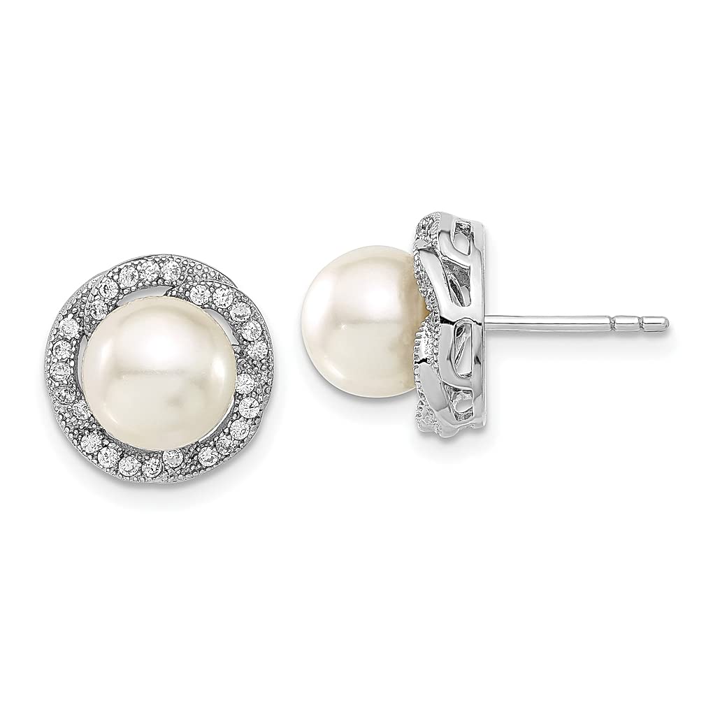 925 Sterling Silver 8mm White Shell Bead Cubic Zirconia CZ Stud Earrings for Women - Elegant Ball Button Fine Jewelry Gift for Her - Perfect for Weddings, Parties & Everyday Wear