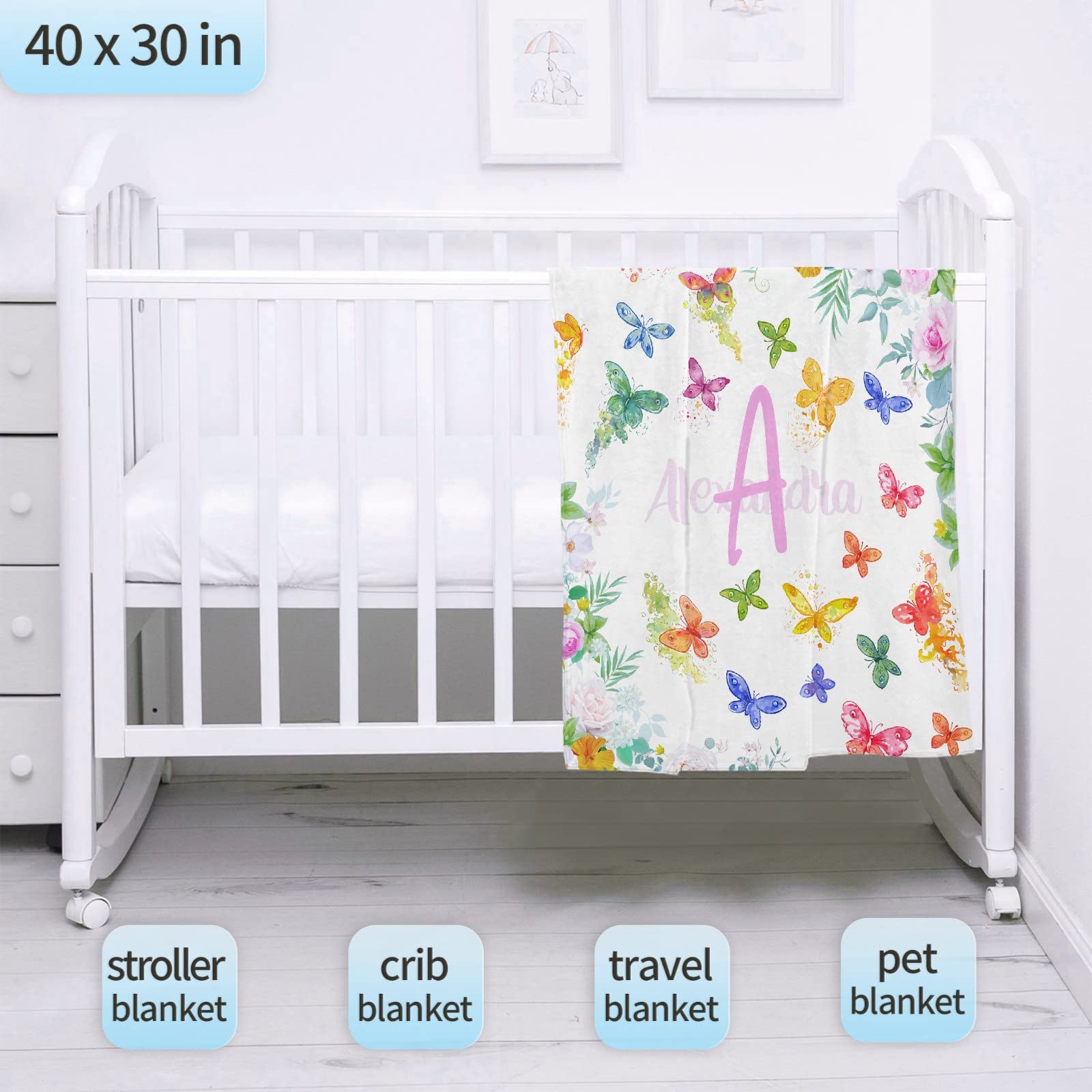 Personalized Baby Blanket with Name - Custom Fleece Flannel Blanket for Girls & Boys - Colorful Butterfly Design - XL 120
