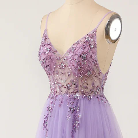 Elegant Sexy V-Neck Crystal Beaded Backless Evening Dress for Women - Formal Prom Gown with Spaghetti Straps in Purple | Perfect for Prom, Gala, Cocktail Party & Special Occasions